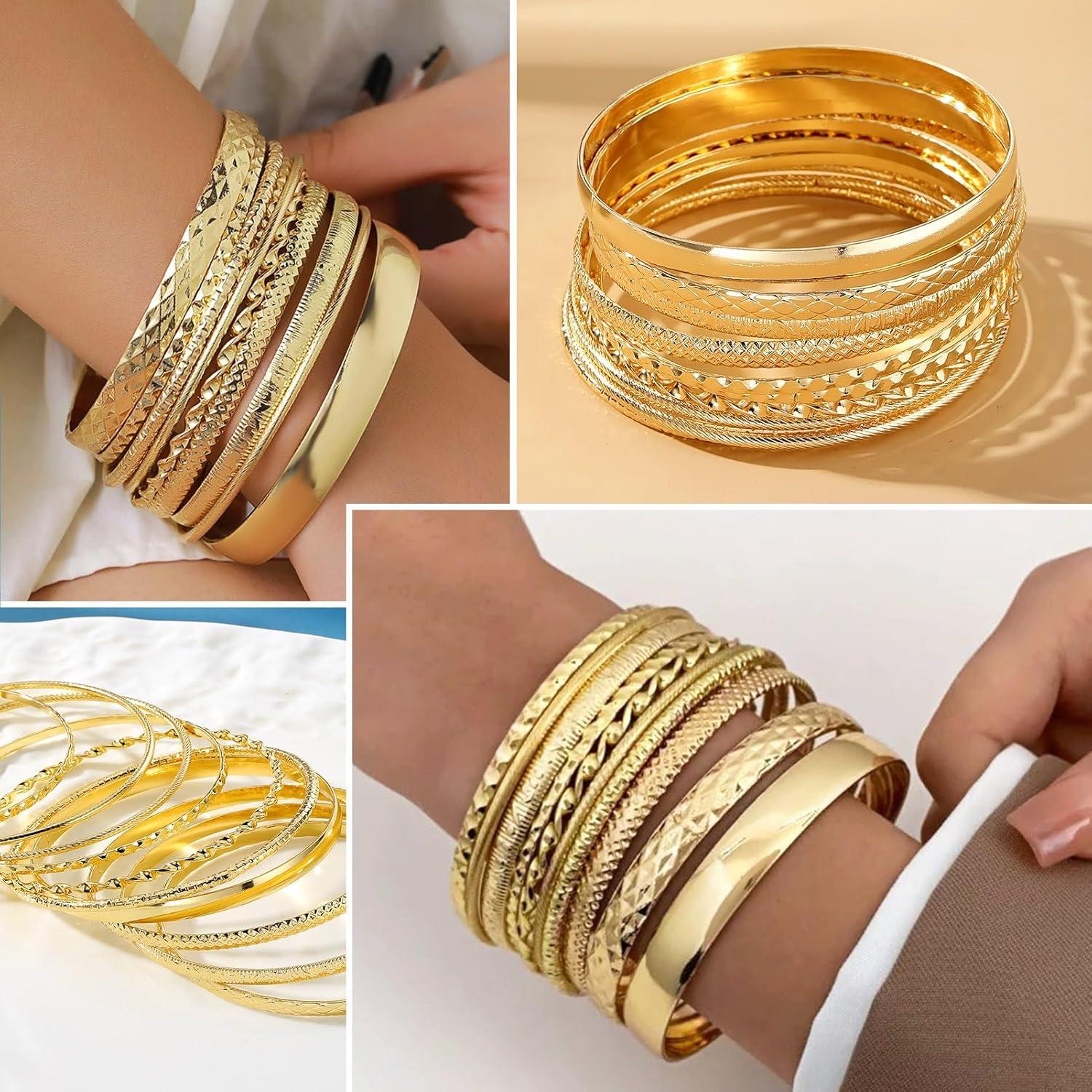 image17IF Gold Bangle Bracelet For Women 14k Plated Multi Layer Cuff Bracelets Set Trendy Boho Textured Indian Punk Chunky Cable Smooth Bangles Elegance Stack Minimalist Jewelry GiftChunky