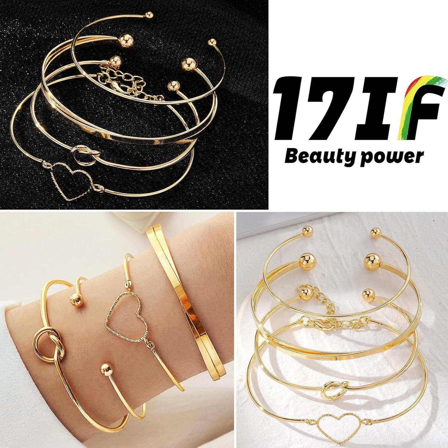 image17IF Gold Bangle Bracelet For Women 14k Plated Multi Layer Cuff Bracelets Set Trendy Boho Textured Indian Punk Chunky Cable Smooth Bangles Elegance Stack Minimalist Jewelry GiftHeart