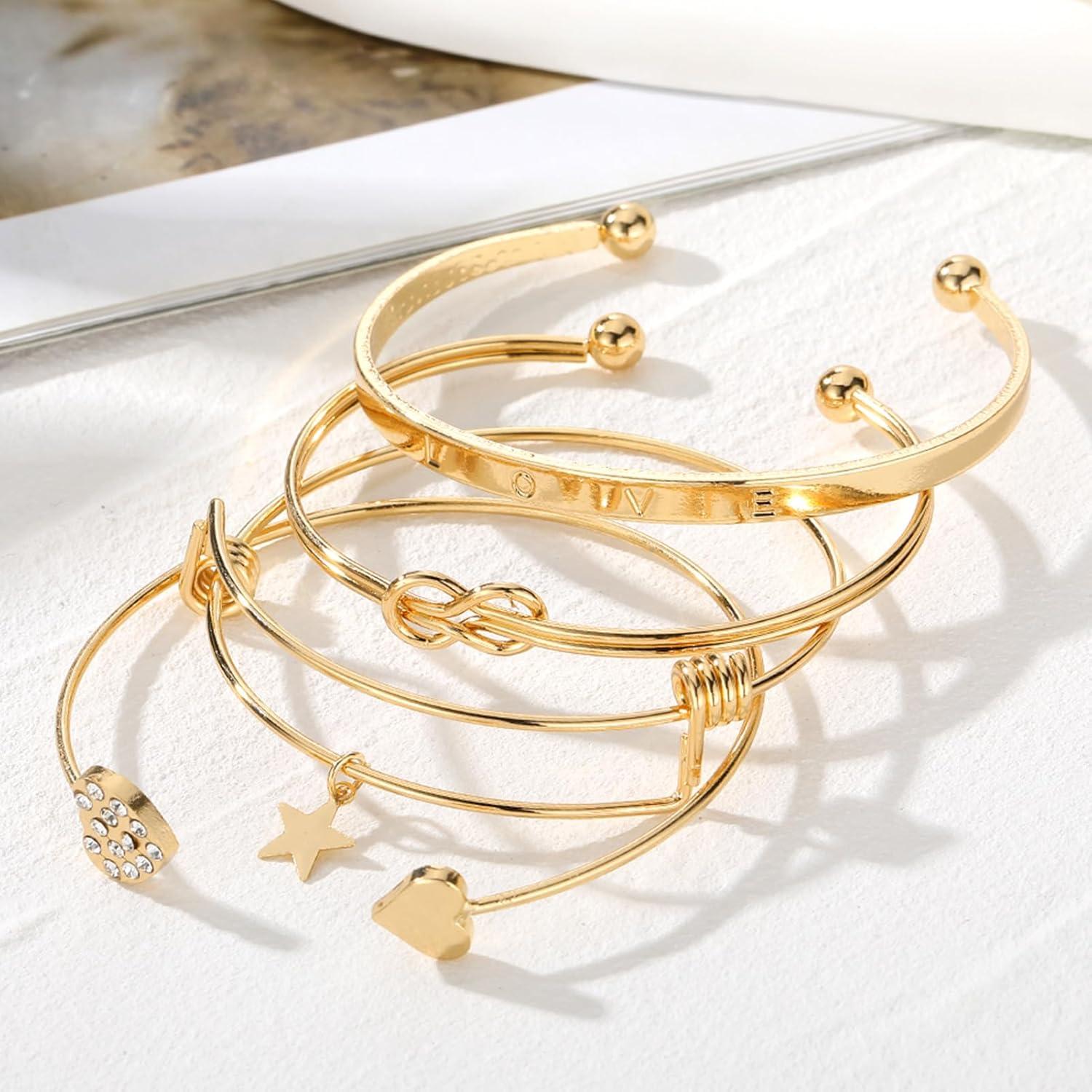 image17IF Gold Bangle Bracelet For Women 14k Plated Multi Layer Cuff Bracelets Set Trendy Boho Textured Indian Punk Chunky Cable Smooth Bangles Elegance Stack Minimalist Jewelry GiftLove
