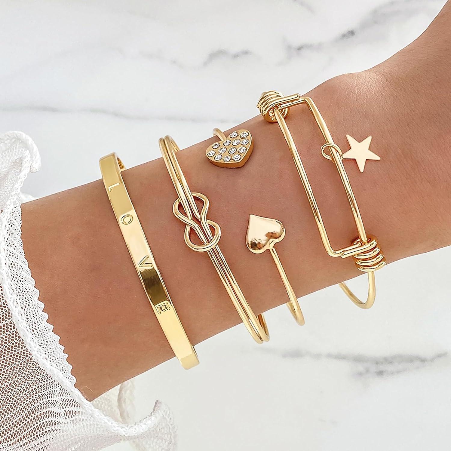 image17IF Gold Bangle Bracelet For Women 14k Plated Multi Layer Cuff Bracelets Set Trendy Boho Textured Indian Punk Chunky Cable Smooth Bangles Elegance Stack Minimalist Jewelry GiftLove