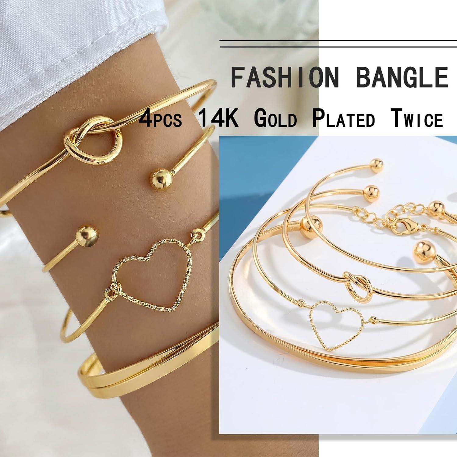 image17IF Gold Bangle Bracelet For Women 14k Plated Multi Layer Cuff Bracelets Set Trendy Boho Textured Indian Punk Chunky Cable Smooth Bangles Elegance Stack Minimalist Jewelry GiftHeart