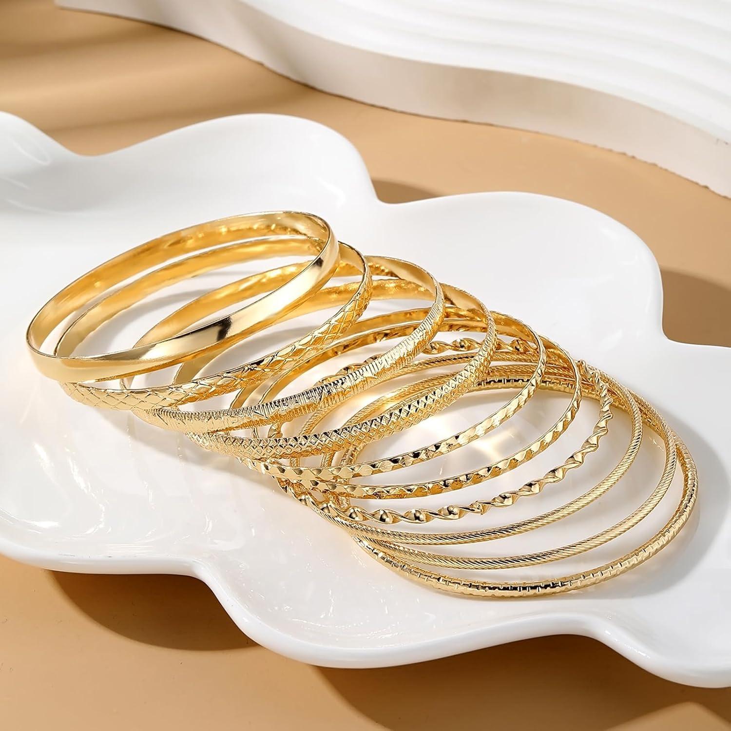 image17IF Gold Bangle Bracelet For Women 14k Plated Multi Layer Cuff Bracelets Set Trendy Boho Textured Indian Punk Chunky Cable Smooth Bangles Elegance Stack Minimalist Jewelry GiftChunky