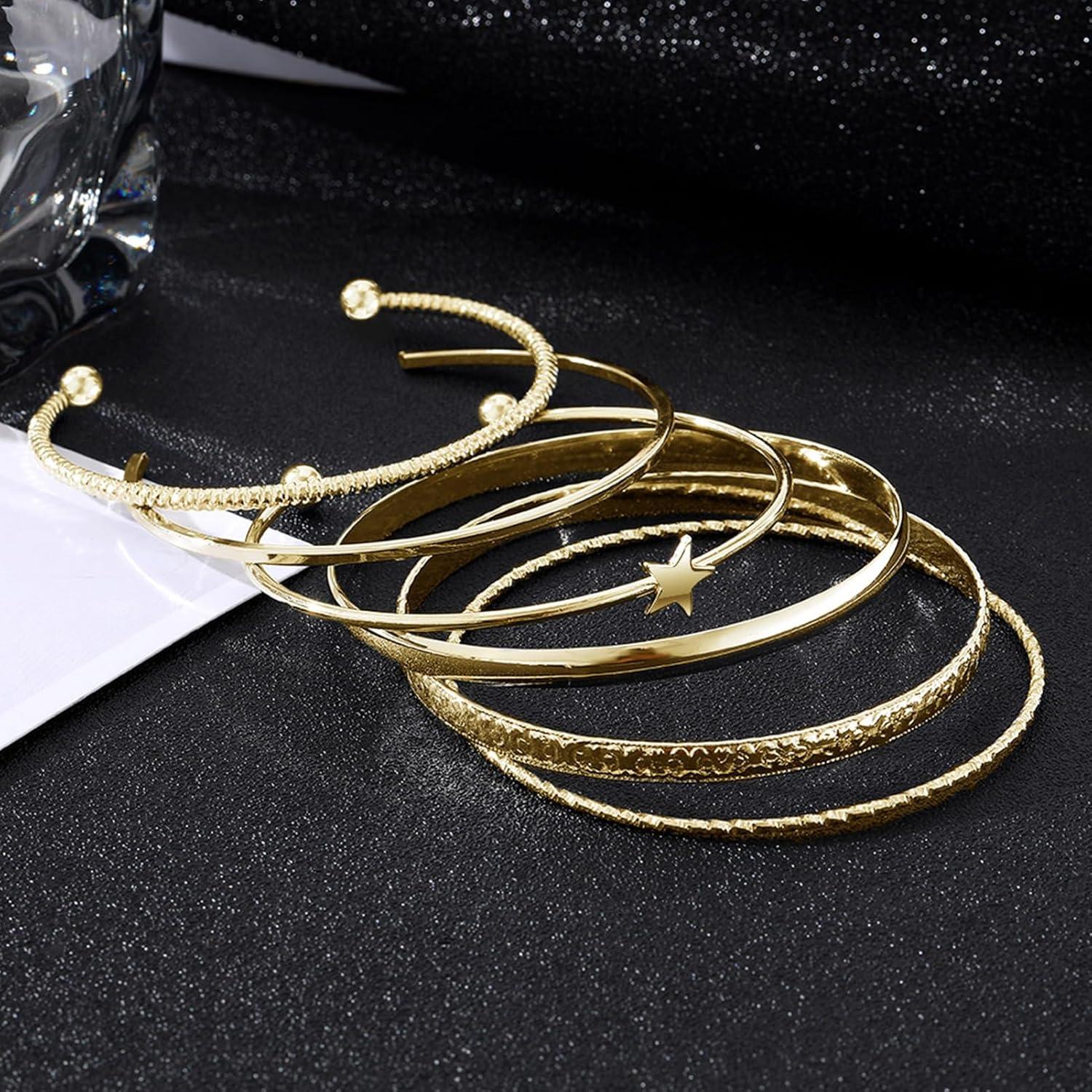 image17IF Gold Bangle Bracelet For Women 14k Plated Multi Layer Cuff Bracelets Set Trendy Boho Textured Indian Punk Chunky Cable Smooth Bangles Elegance Stack Minimalist Jewelry GiftStar