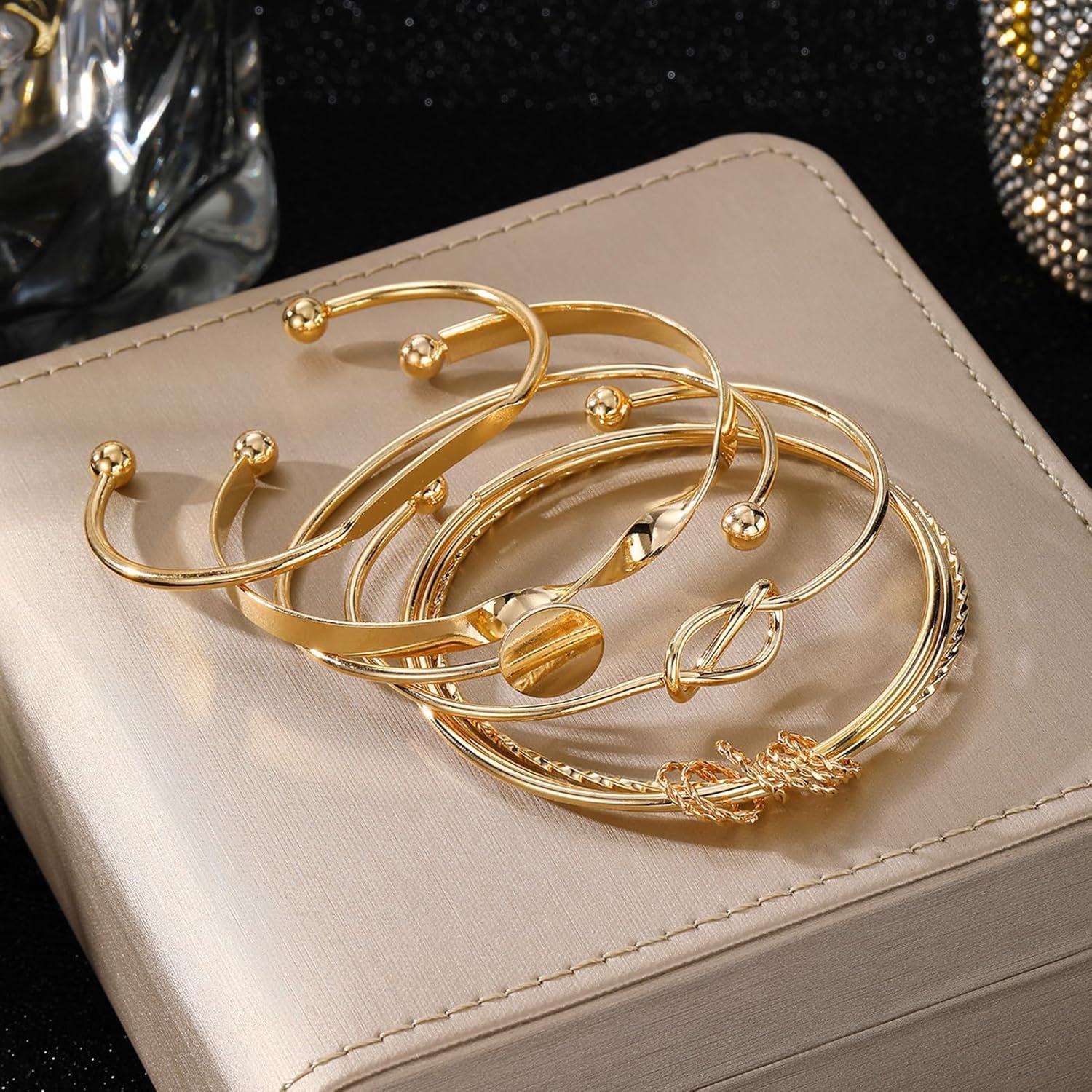 image17IF Gold Bangle Bracelet For Women 14k Plated Multi Layer Cuff Bracelets Set Trendy Boho Textured Indian Punk Chunky Cable Smooth Bangles Elegance Stack Minimalist Jewelry GiftTogether
