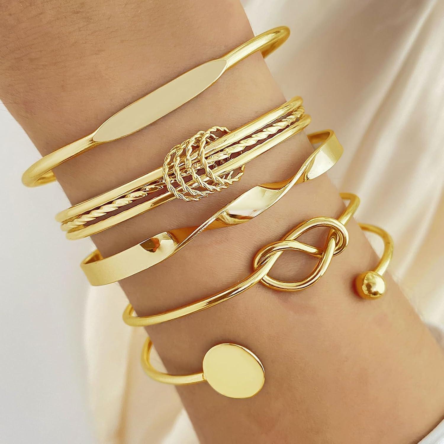 image17IF Gold Bangle Bracelet For Women 14k Plated Multi Layer Cuff Bracelets Set Trendy Boho Textured Indian Punk Chunky Cable Smooth Bangles Elegance Stack Minimalist Jewelry GiftTogether