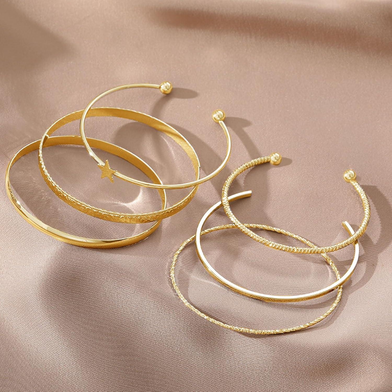 image17IF Gold Bangle Bracelet For Women 14k Plated Multi Layer Cuff Bracelets Set Trendy Boho Textured Indian Punk Chunky Cable Smooth Bangles Elegance Stack Minimalist Jewelry GiftStar