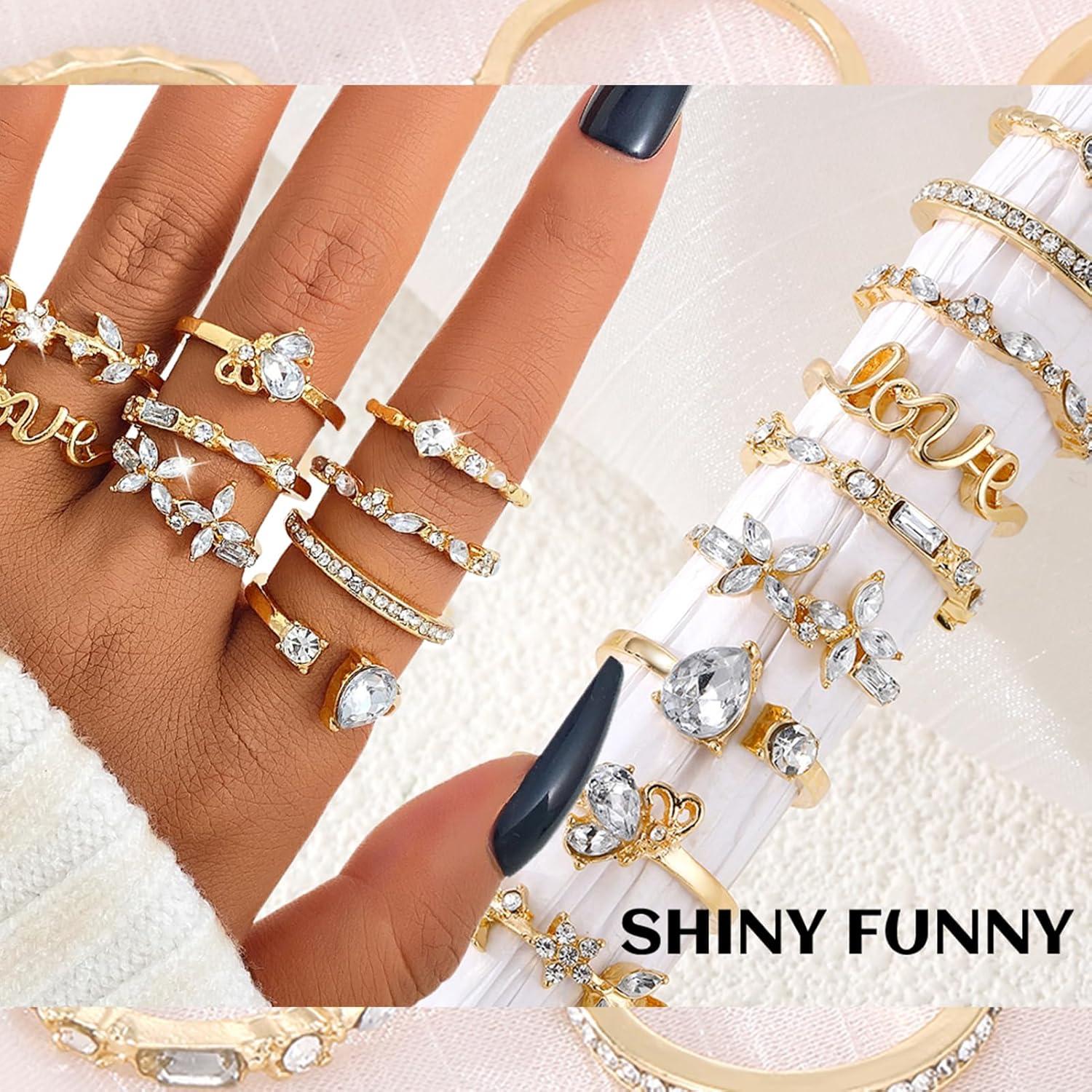 image17IF Gold Boho Sparkle Knuckle Rings Set For Women Vintage Fashion Aesthetic Trendy Joint Snake Ring Pack Retro Pink Rhinestone Assorted Moon Star Crystal Love Leaf Diamond Pearl Jewelry9 Love