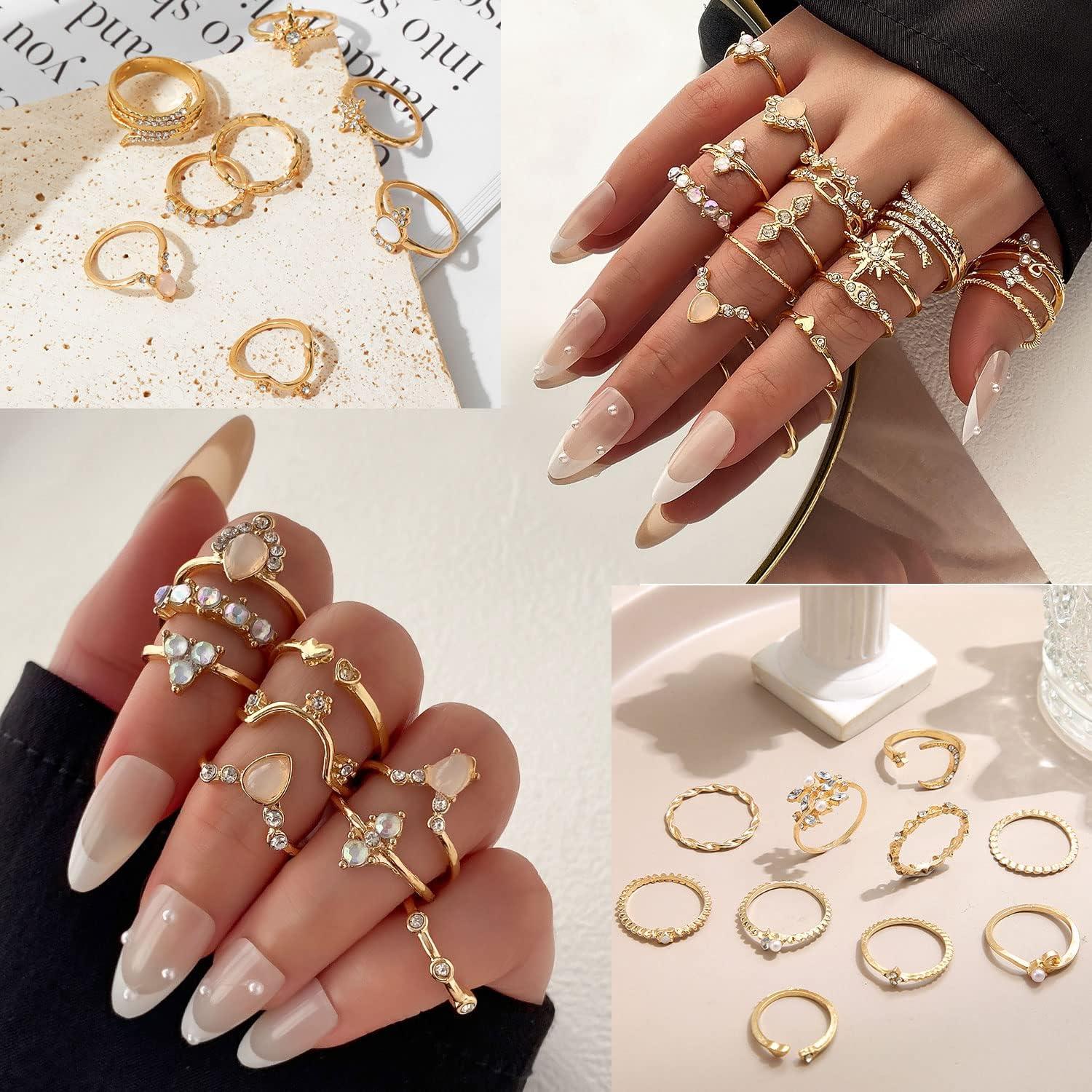 image17IF Gold Boho Sparkle Knuckle Rings Set For Women Vintage Fashion Aesthetic Trendy Joint Snake Ring Pack Retro Pink Rhinestone Assorted Moon Star Crystal Love Leaf Diamond Pearl Jewelry27 Moon