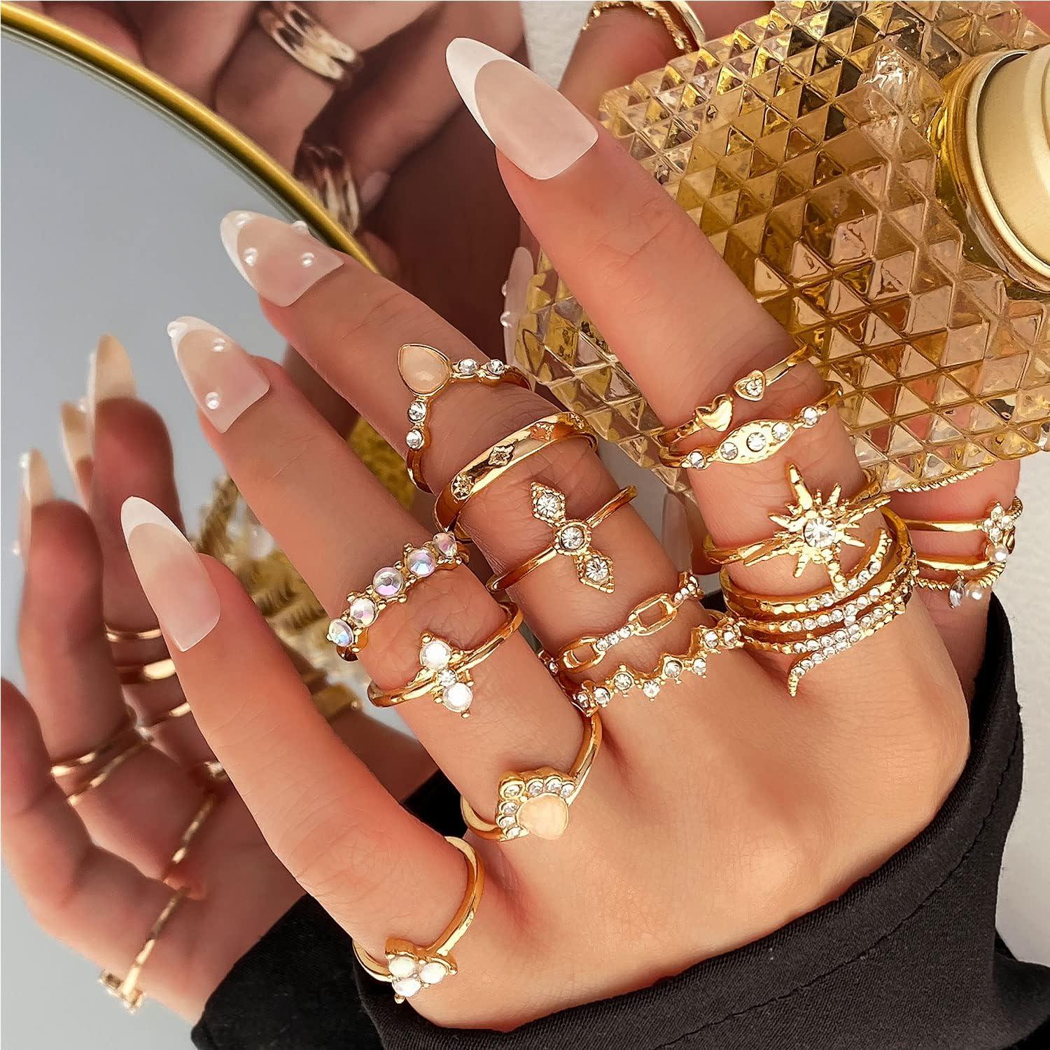 image17IF Gold Boho Sparkle Knuckle Rings Set For Women Vintage Fashion Aesthetic Trendy Joint Snake Ring Pack Retro Pink Rhinestone Assorted Moon Star Crystal Love Leaf Diamond Pearl Jewelry27 Moon