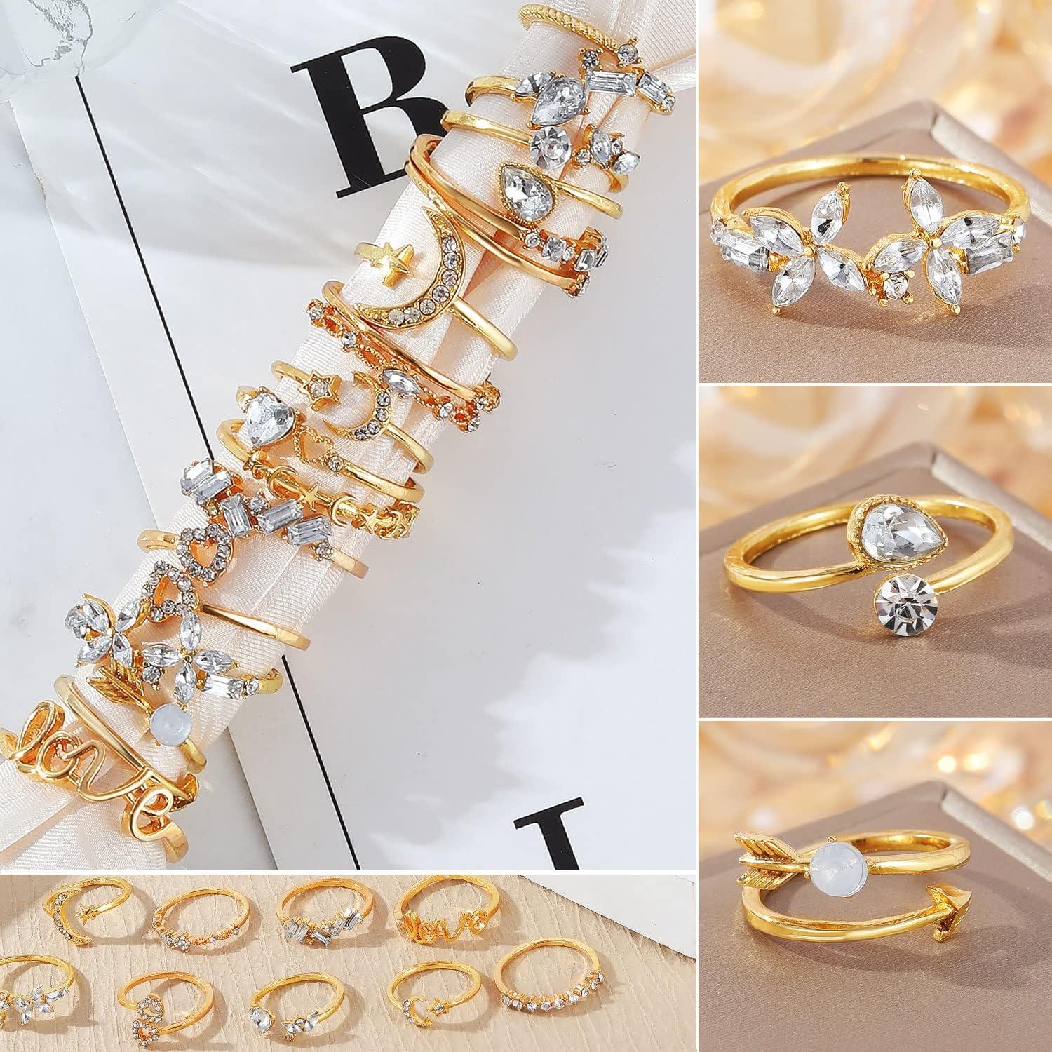 image17IF Gold Boho Sparkle Knuckle Rings Set For Women Vintage Fashion Aesthetic Trendy Joint Snake Ring Pack Retro Pink Rhinestone Assorted Moon Star Crystal Love Leaf Diamond Pearl Jewelry16 Flower