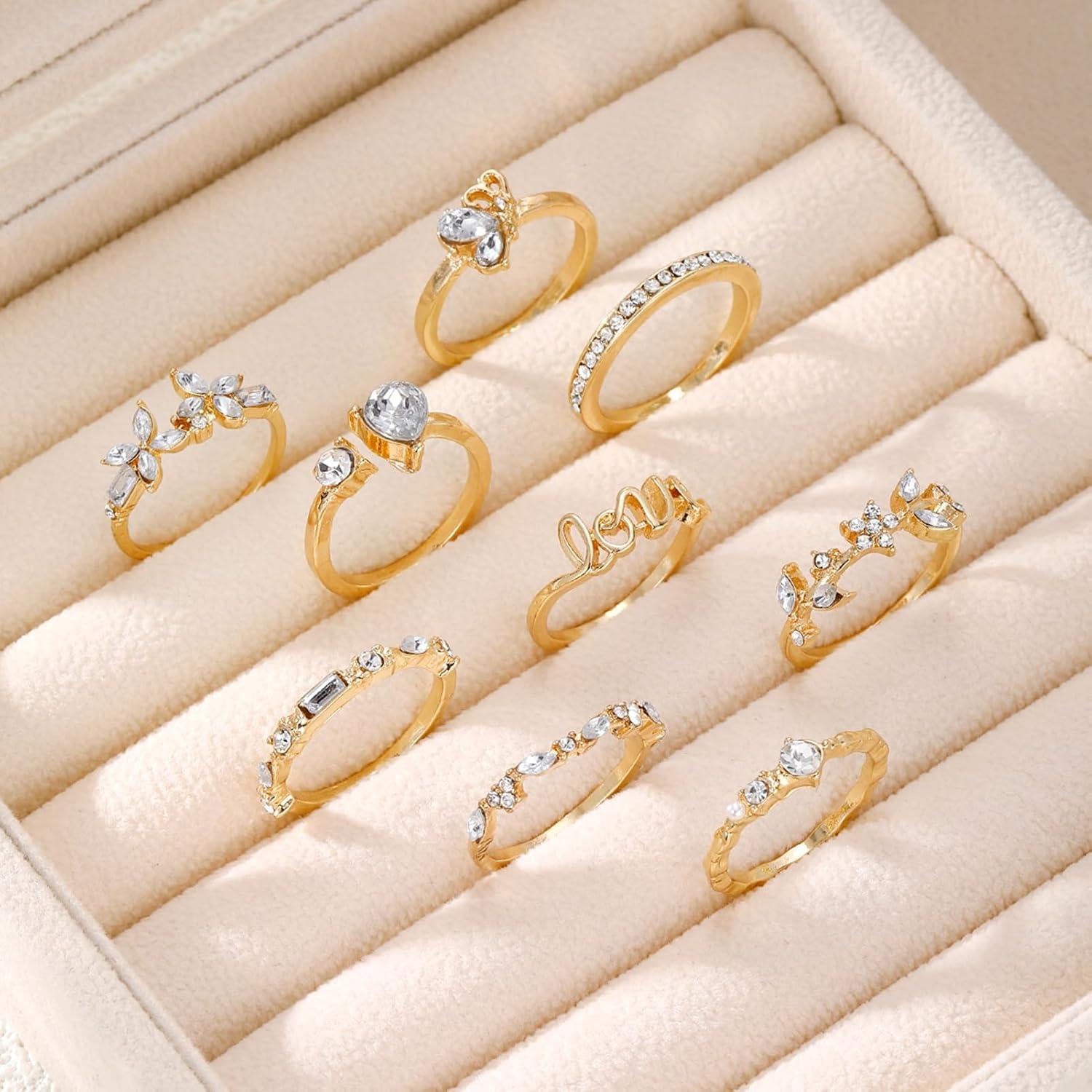 image17IF Gold Boho Sparkle Knuckle Rings Set For Women Vintage Fashion Aesthetic Trendy Joint Snake Ring Pack Retro Pink Rhinestone Assorted Moon Star Crystal Love Leaf Diamond Pearl Jewelry9 Love