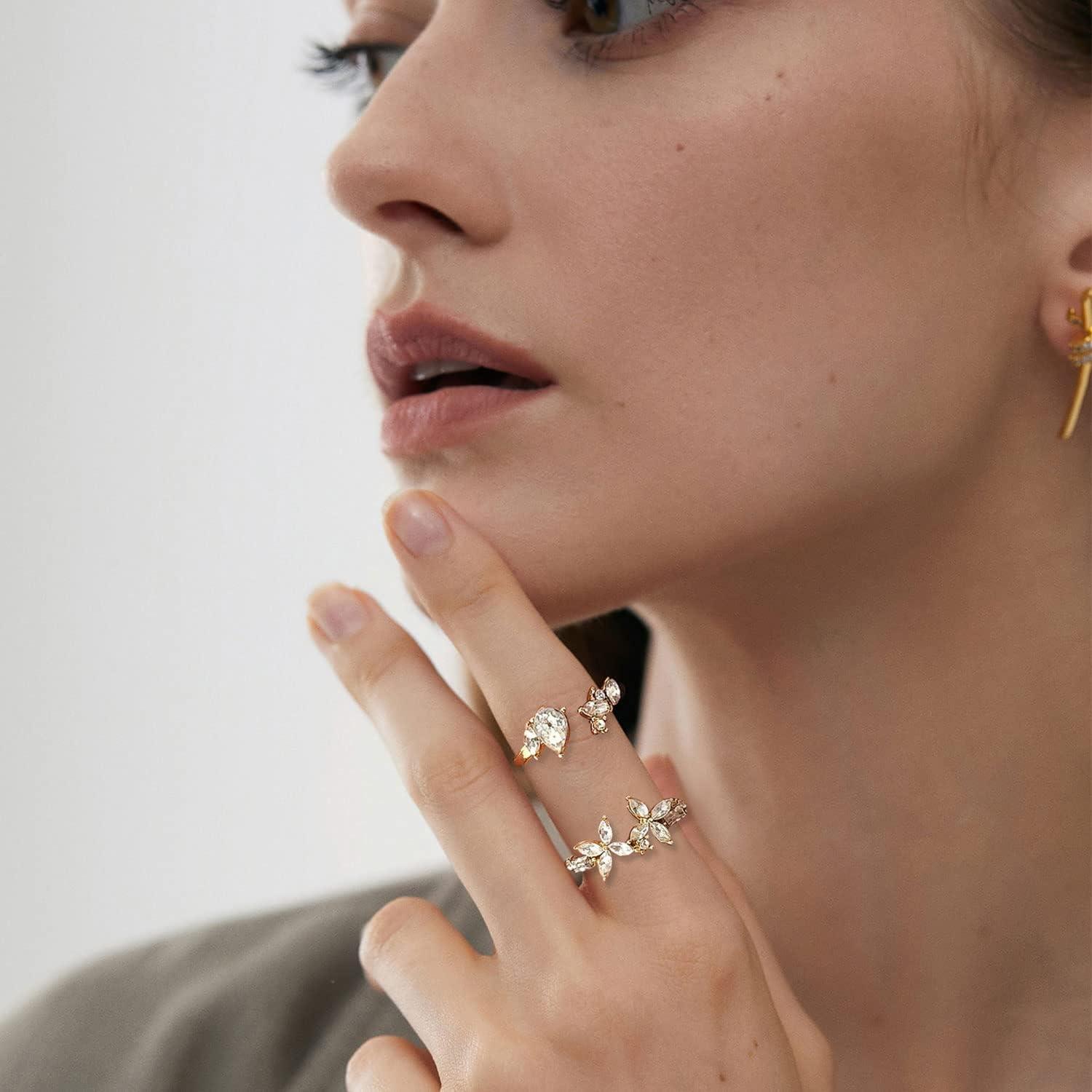 image17IF Gold Boho Sparkle Knuckle Rings Set For Women Vintage Fashion Aesthetic Trendy Joint Snake Ring Pack Retro Pink Rhinestone Assorted Moon Star Crystal Love Leaf Diamond Pearl Jewelry16 Flower