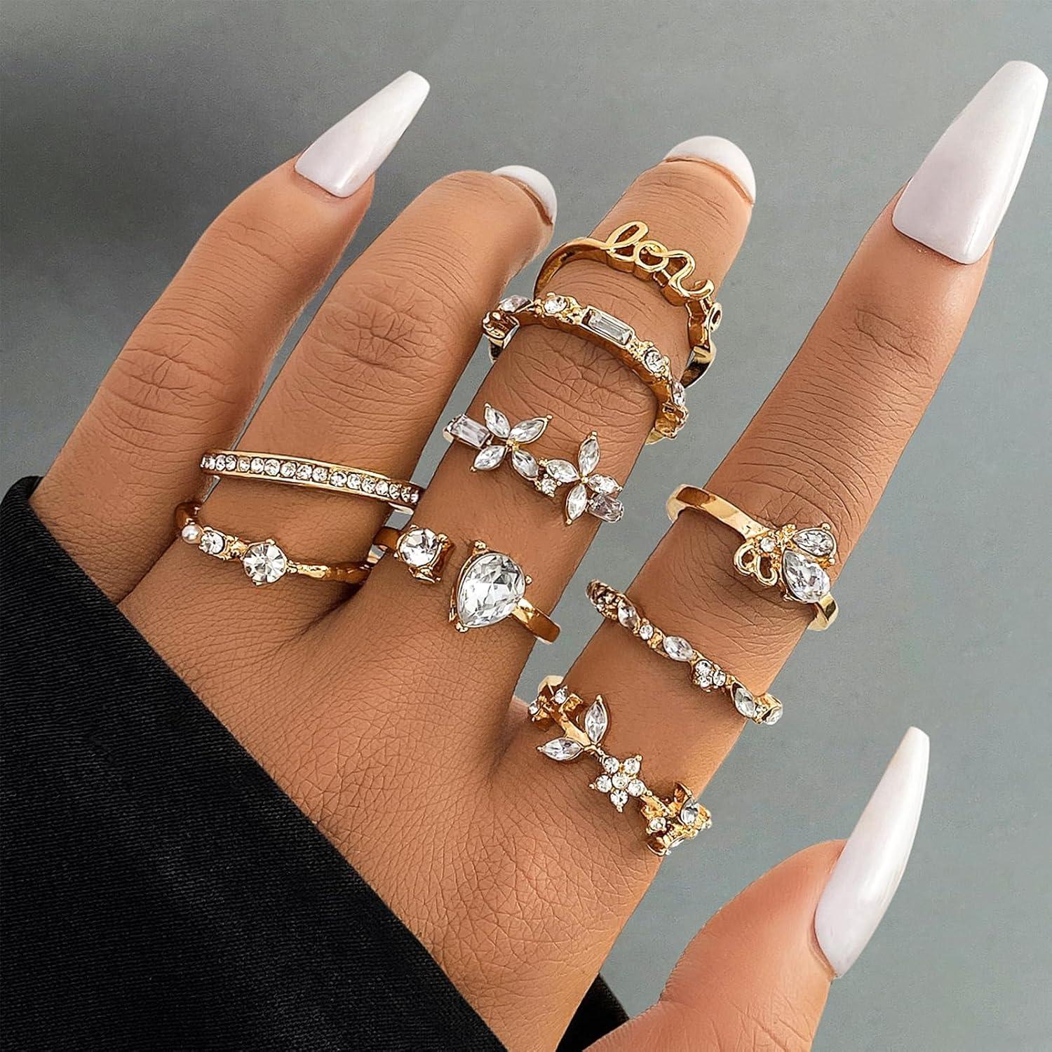 image17IF Gold Boho Sparkle Knuckle Rings Set For Women Vintage Fashion Aesthetic Trendy Joint Snake Ring Pack Retro Pink Rhinestone Assorted Moon Star Crystal Love Leaf Diamond Pearl Jewelry9 Love