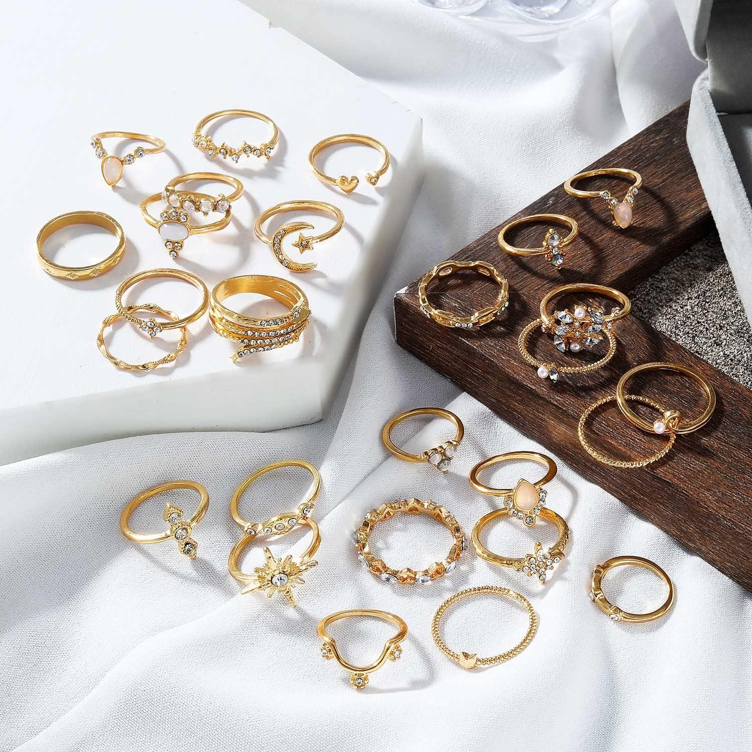 image17IF Gold Boho Sparkle Knuckle Rings Set For Women Vintage Fashion Aesthetic Trendy Joint Snake Ring Pack Retro Pink Rhinestone Assorted Moon Star Crystal Love Leaf Diamond Pearl Jewelry27 Moon