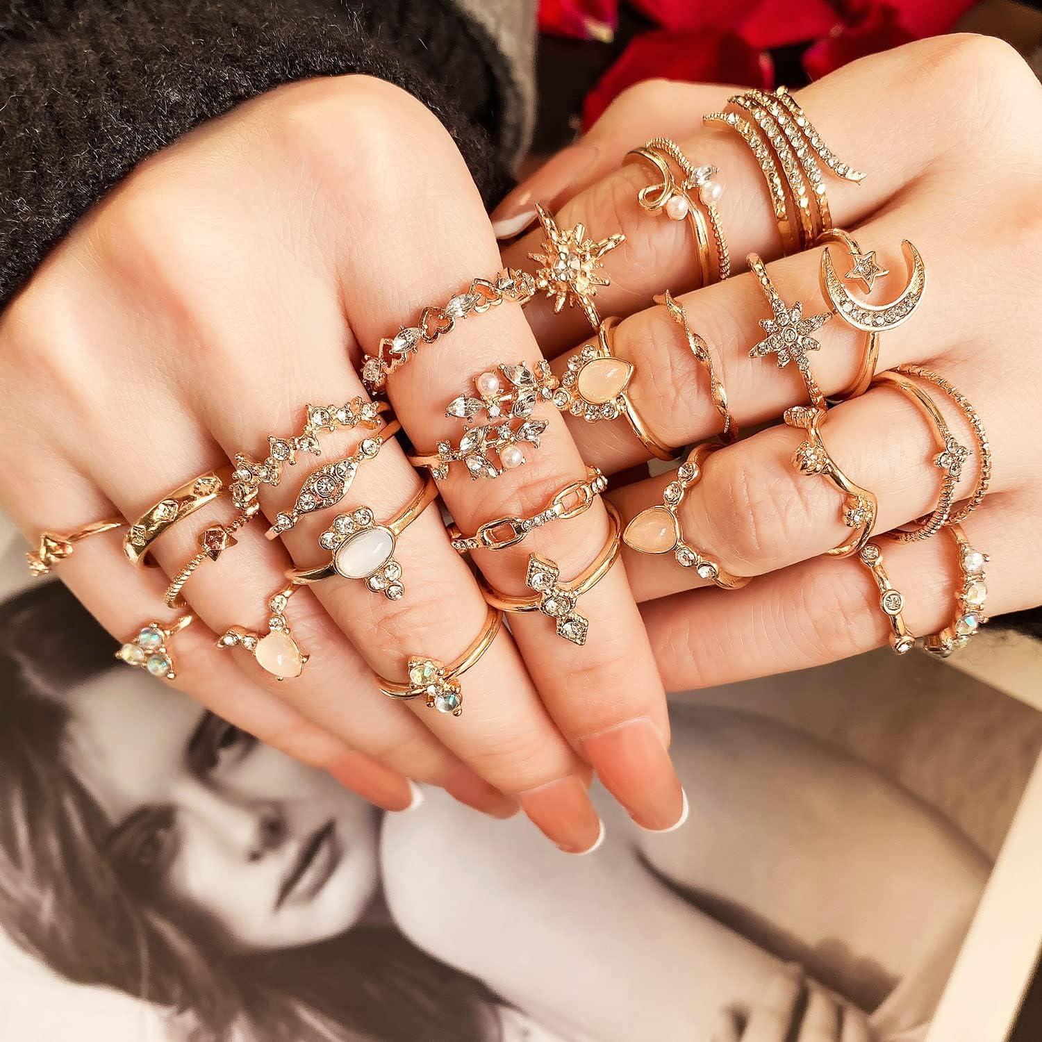 image17IF Gold Boho Sparkle Knuckle Rings Set For Women Vintage Fashion Aesthetic Trendy Joint Snake Ring Pack Retro Pink Rhinestone Assorted Moon Star Crystal Love Leaf Diamond Pearl Jewelry27 Moon