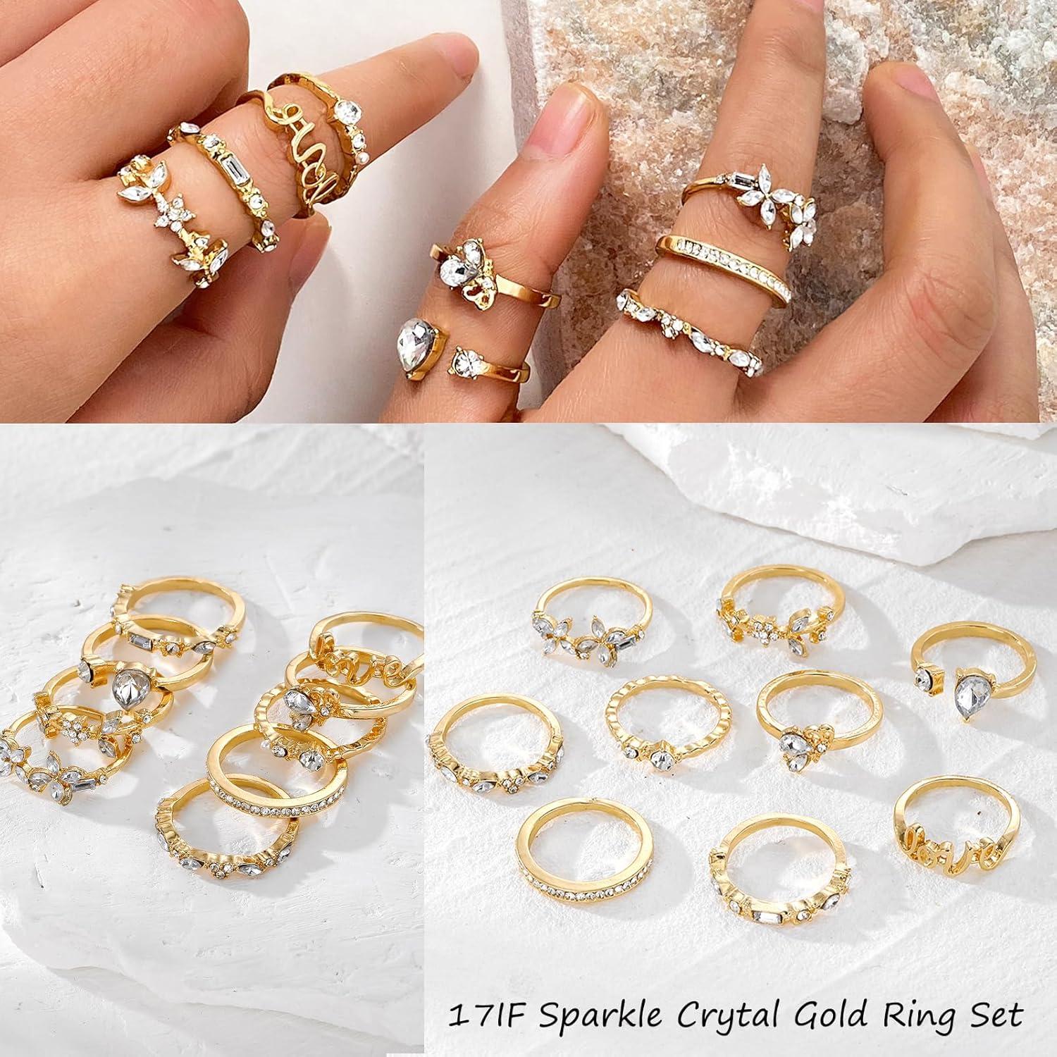 image17IF Gold Boho Sparkle Knuckle Rings Set For Women Vintage Fashion Aesthetic Trendy Joint Snake Ring Pack Retro Pink Rhinestone Assorted Moon Star Crystal Love Leaf Diamond Pearl Jewelry9 Love