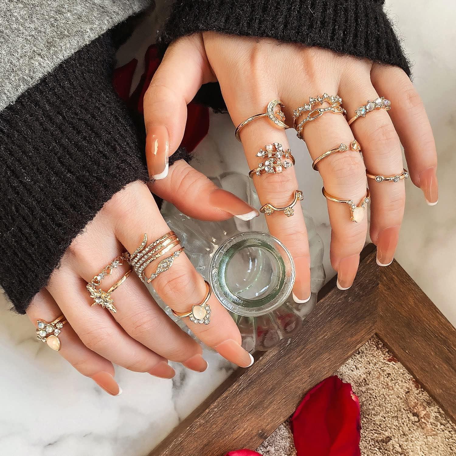 image17IF Gold Boho Sparkle Knuckle Rings Set For Women Vintage Fashion Aesthetic Trendy Joint Snake Ring Pack Retro Pink Rhinestone Assorted Moon Star Crystal Love Leaf Diamond Pearl Jewelry27 Moon