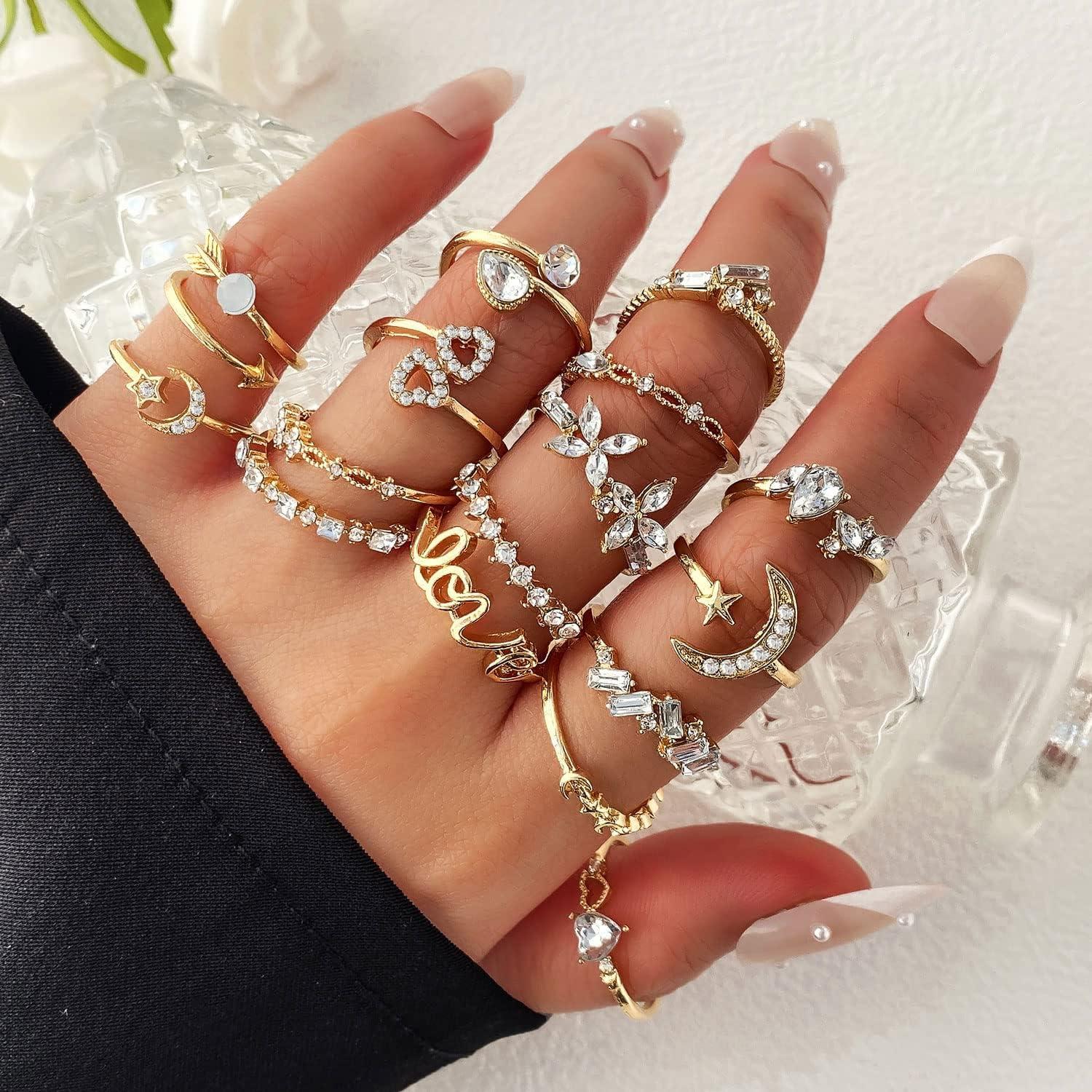 image17IF Gold Boho Sparkle Knuckle Rings Set For Women Vintage Fashion Aesthetic Trendy Joint Snake Ring Pack Retro Pink Rhinestone Assorted Moon Star Crystal Love Leaf Diamond Pearl Jewelry16 Flower
