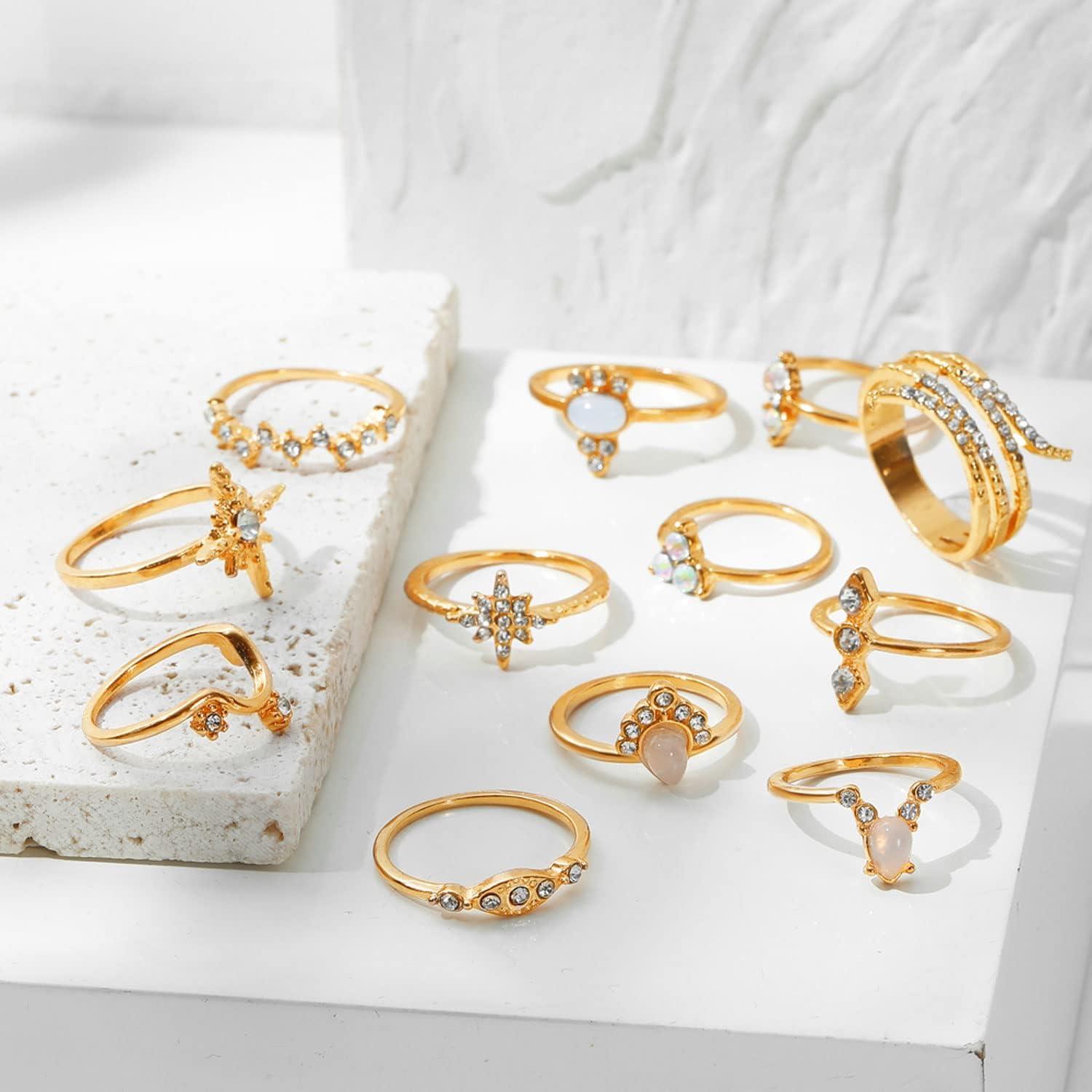 image17IF Gold Boho Sparkle Knuckle Rings Set For Women Vintage Fashion Aesthetic Trendy Joint Snake Ring Pack Retro Pink Rhinestone Assorted Moon Star Crystal Love Leaf Diamond Pearl Jewelry27 Moon