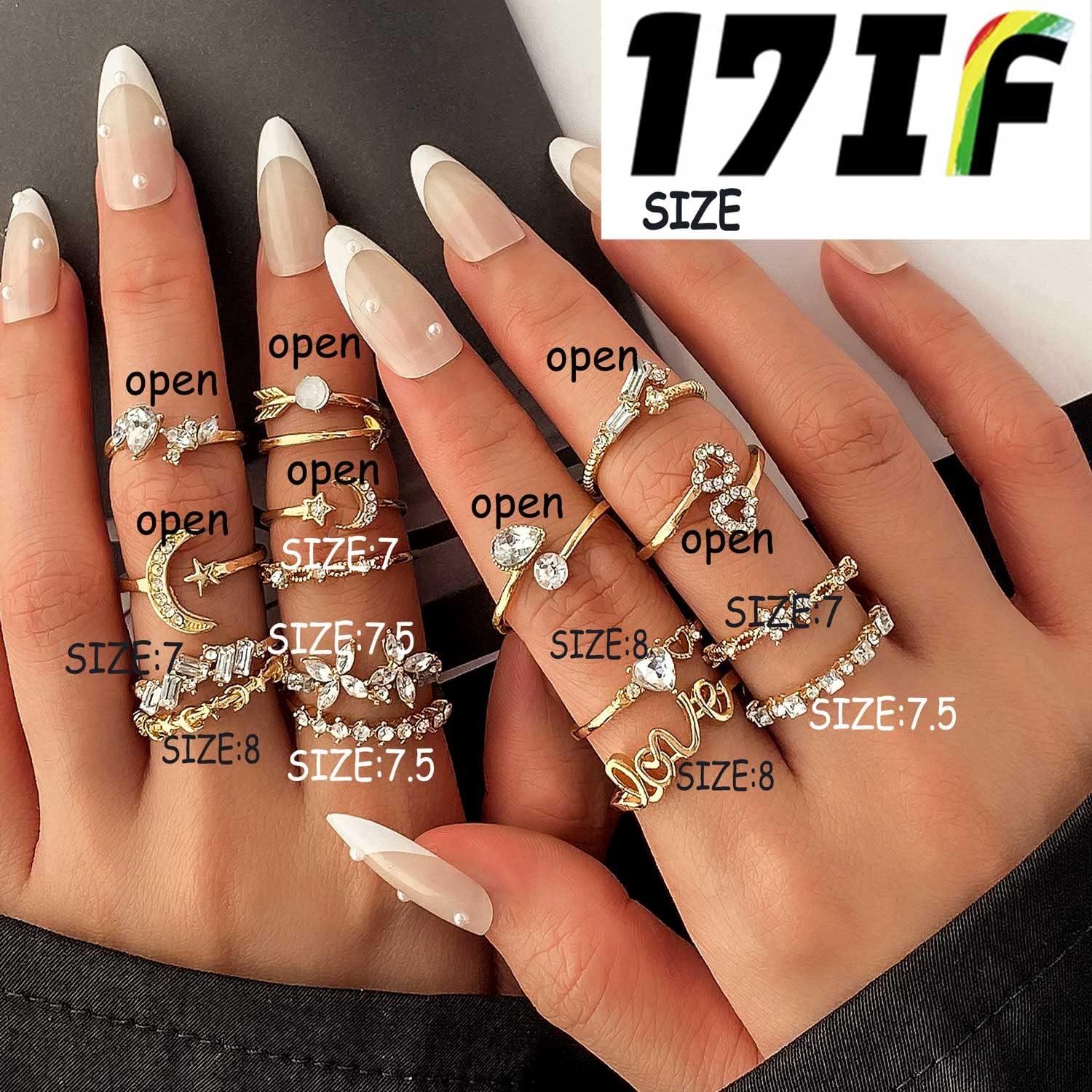 image17IF Gold Boho Sparkle Knuckle Rings Set For Women Vintage Fashion Aesthetic Trendy Joint Snake Ring Pack Retro Pink Rhinestone Assorted Moon Star Crystal Love Leaf Diamond Pearl Jewelry16 Flower