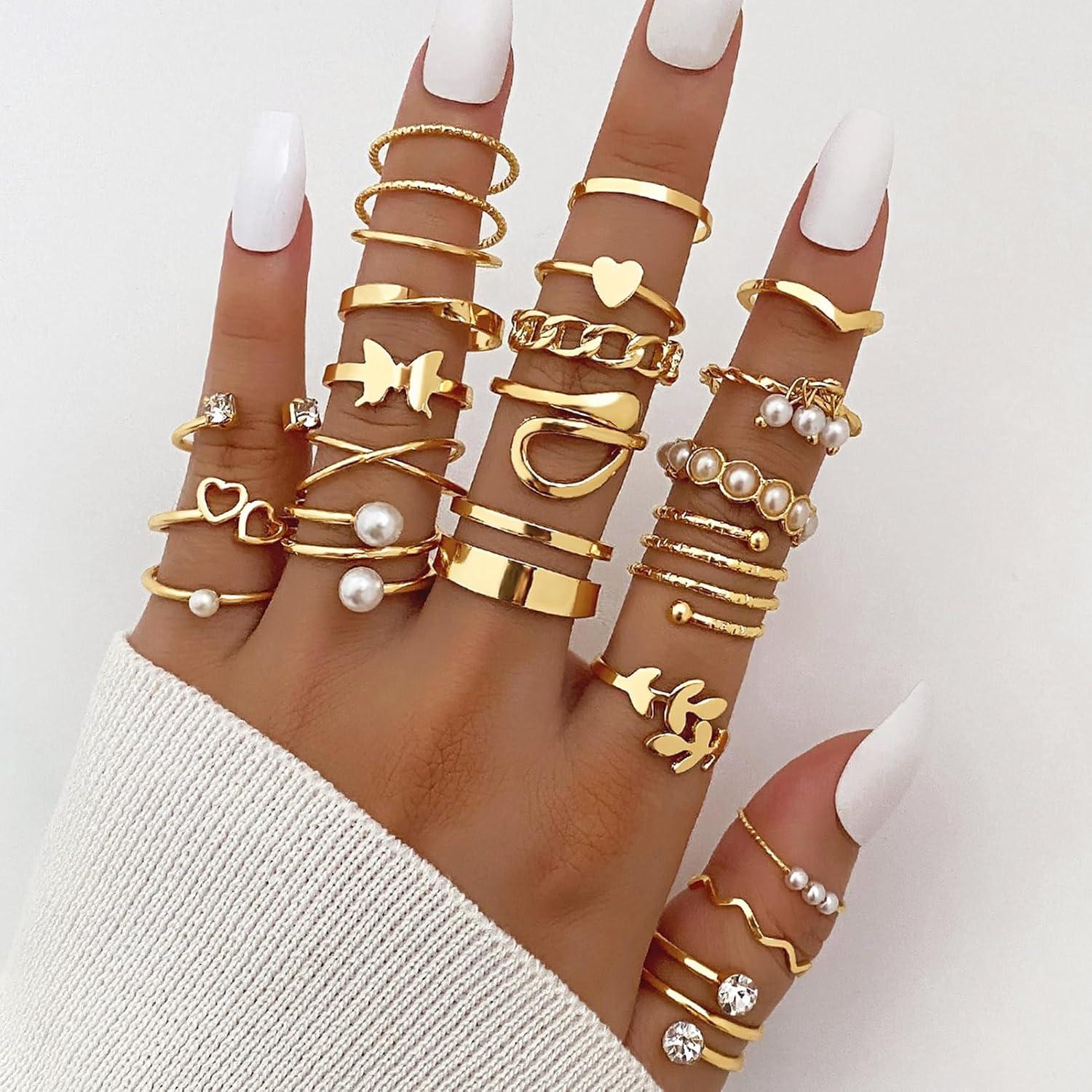 image17IF Gold Vintage Knuckle Ring Set for Women Boho Crystal Finger Aesthetic Pearl Sparkle Butterfly Chunky Stackable Midi Ring Pack22P BigPearl