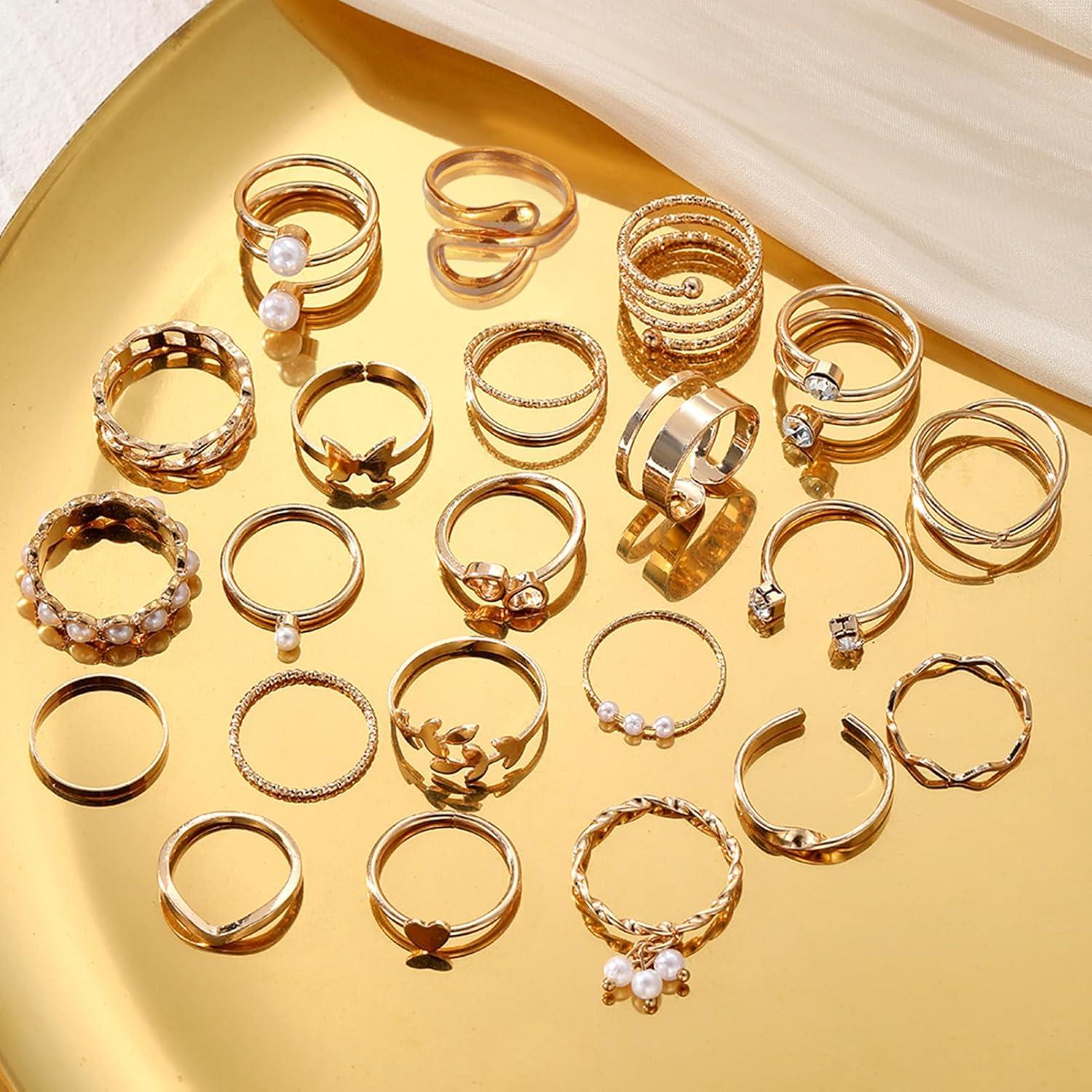 image17IF Gold Vintage Knuckle Ring Set for Women Boho Crystal Finger Aesthetic Pearl Sparkle Butterfly Chunky Stackable Midi Ring Pack22P BigPearl