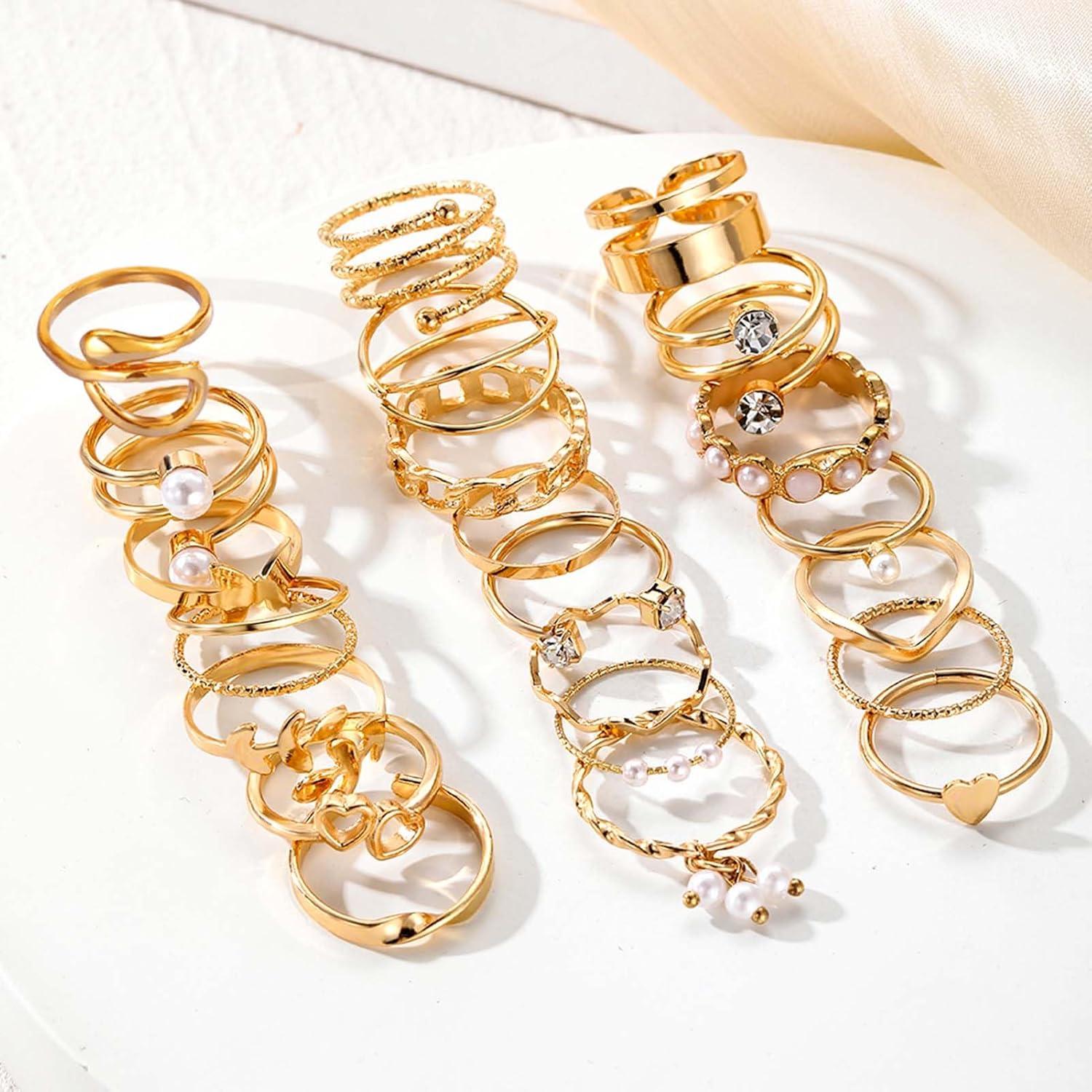image17IF Gold Vintage Knuckle Ring Set for Women Boho Crystal Finger Aesthetic Pearl Sparkle Butterfly Chunky Stackable Midi Ring Pack22P BigPearl
