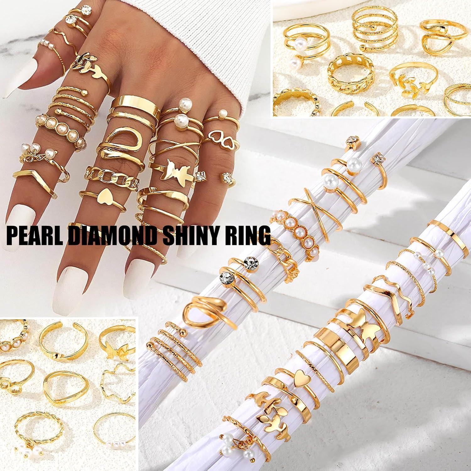 image17IF Gold Vintage Knuckle Ring Set for Women Boho Crystal Finger Aesthetic Pearl Sparkle Butterfly Chunky Stackable Midi Ring Pack22P BigPearl