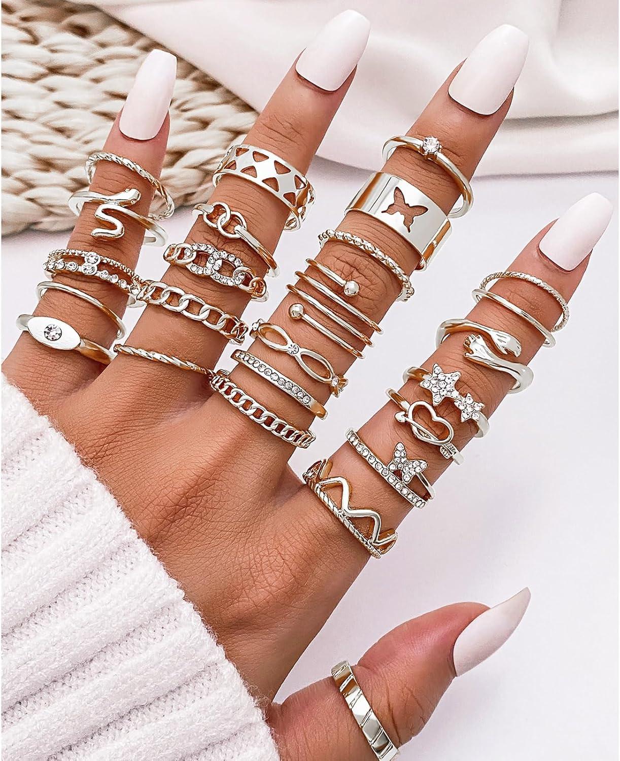 image17IF Gold Vintage Knuckle Ring Set for Women Boho Crystal Finger Aesthetic Pearl Sparkle Butterfly Chunky Stackable Midi Ring Pack24P SilverHug