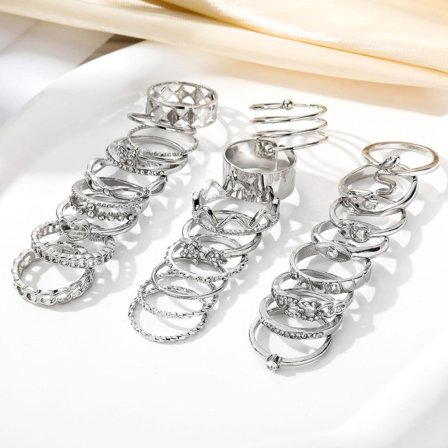 image17IF Gold Vintage Knuckle Ring Set for Women Boho Crystal Finger Aesthetic Pearl Sparkle Butterfly Chunky Stackable Midi Ring Pack24P SilverHug