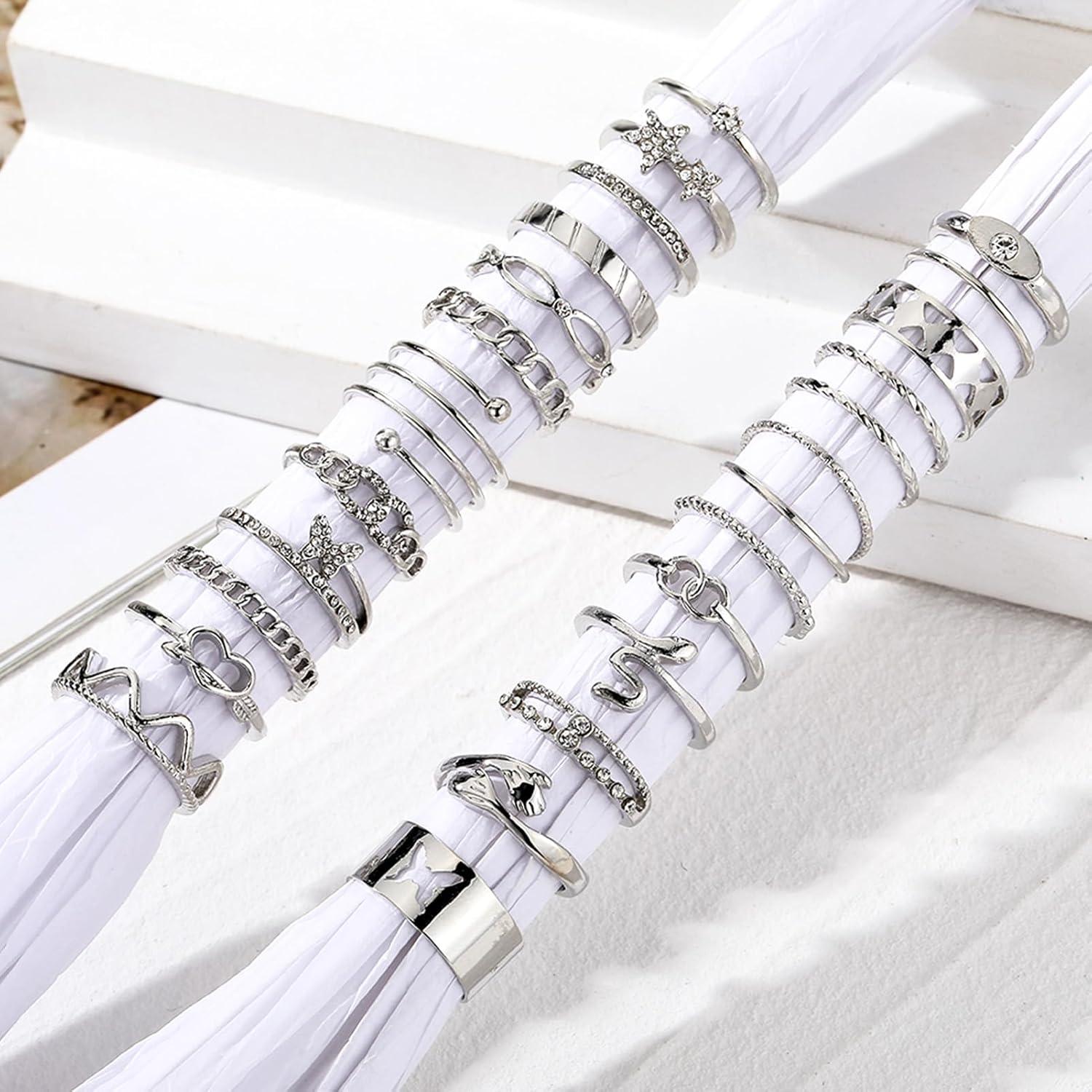 image17IF Gold Vintage Knuckle Ring Set for Women Boho Crystal Finger Aesthetic Pearl Sparkle Butterfly Chunky Stackable Midi Ring Pack24P SilverHug