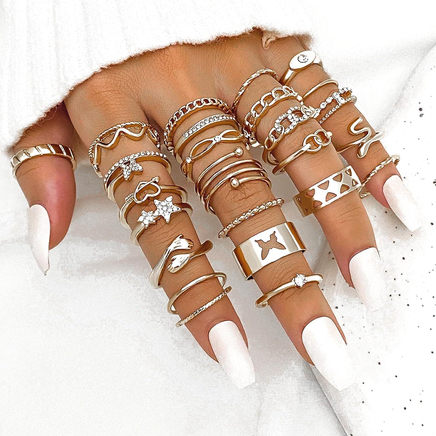 image17IF Gold Vintage Knuckle Ring Set for Women Boho Crystal Finger Aesthetic Pearl Sparkle Butterfly Chunky Stackable Midi Ring Pack24P SilverHug