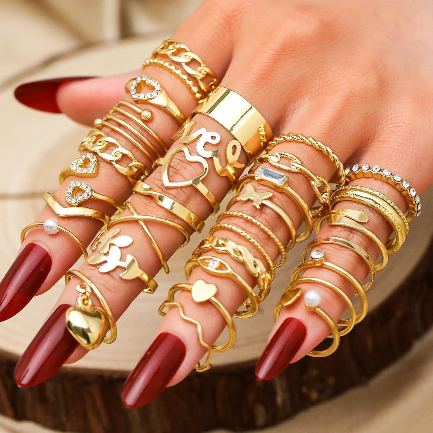 image17IF Gold Vintage Knuckle Ring Set for Women Boho Crystal Finger Aesthetic Pearl Sparkle Butterfly Chunky Stackable Midi Ring Pack30P BigHeart
