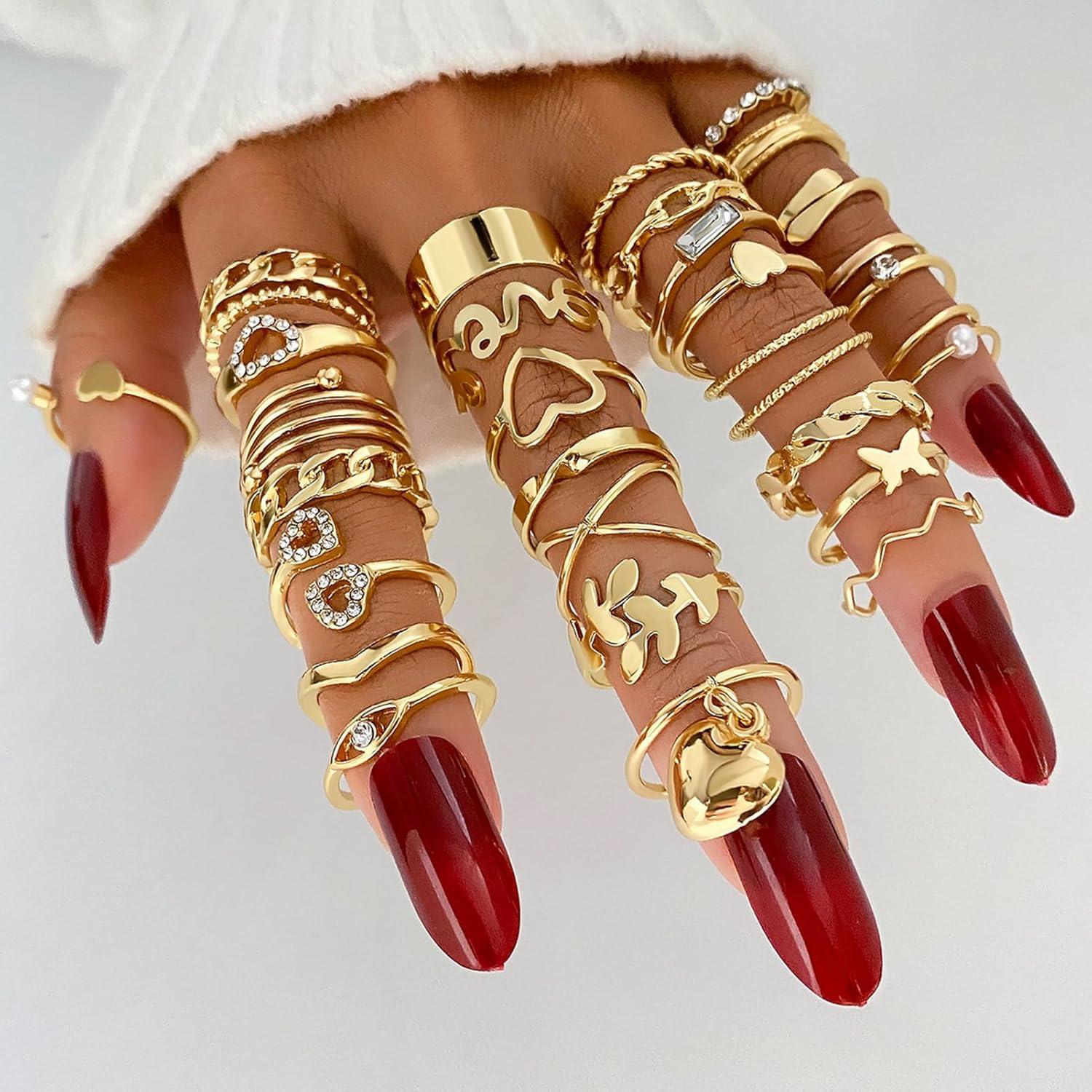 image17IF Gold Vintage Knuckle Ring Set for Women Boho Crystal Finger Aesthetic Pearl Sparkle Butterfly Chunky Stackable Midi Ring Pack30P BigHeart