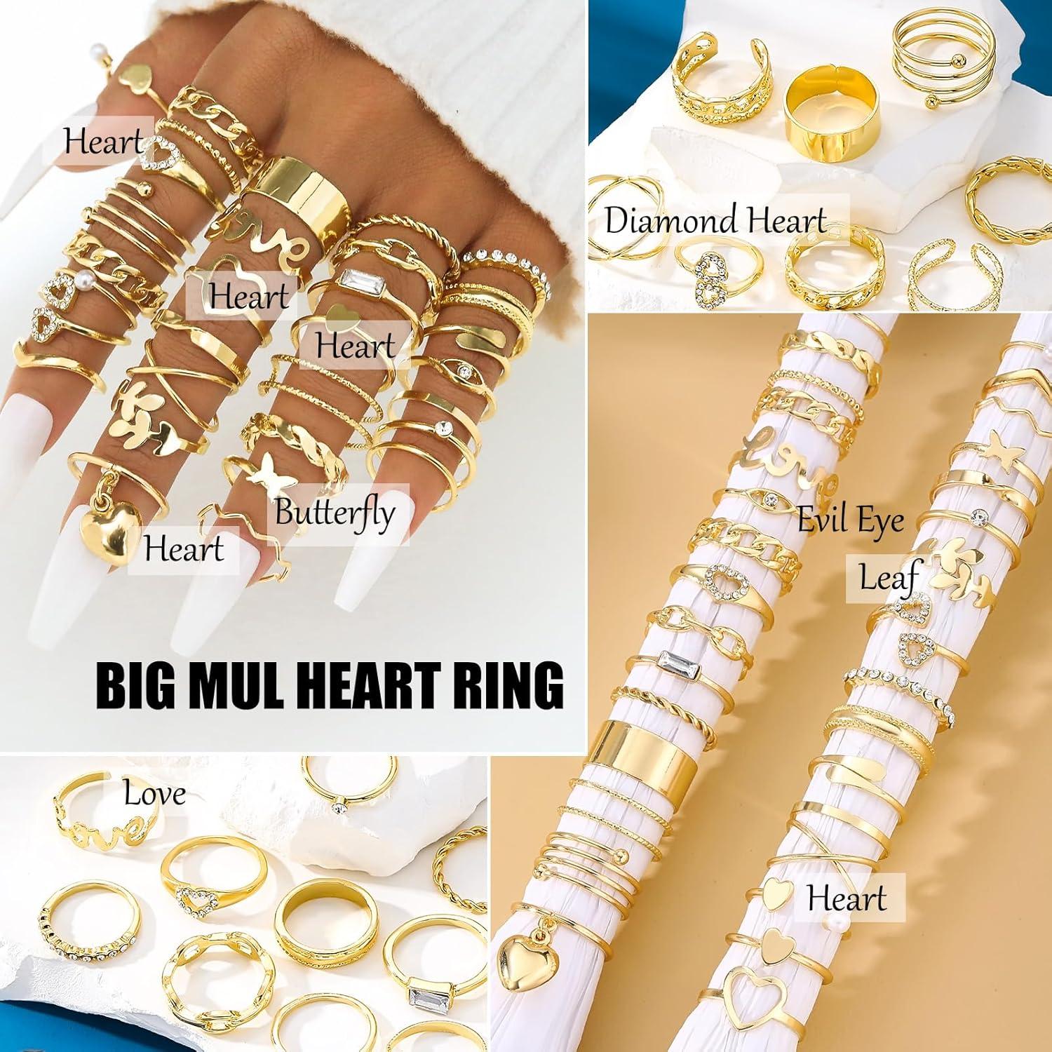 image17IF Gold Vintage Knuckle Ring Set for Women Boho Crystal Finger Aesthetic Pearl Sparkle Butterfly Chunky Stackable Midi Ring Pack30P BigHeart