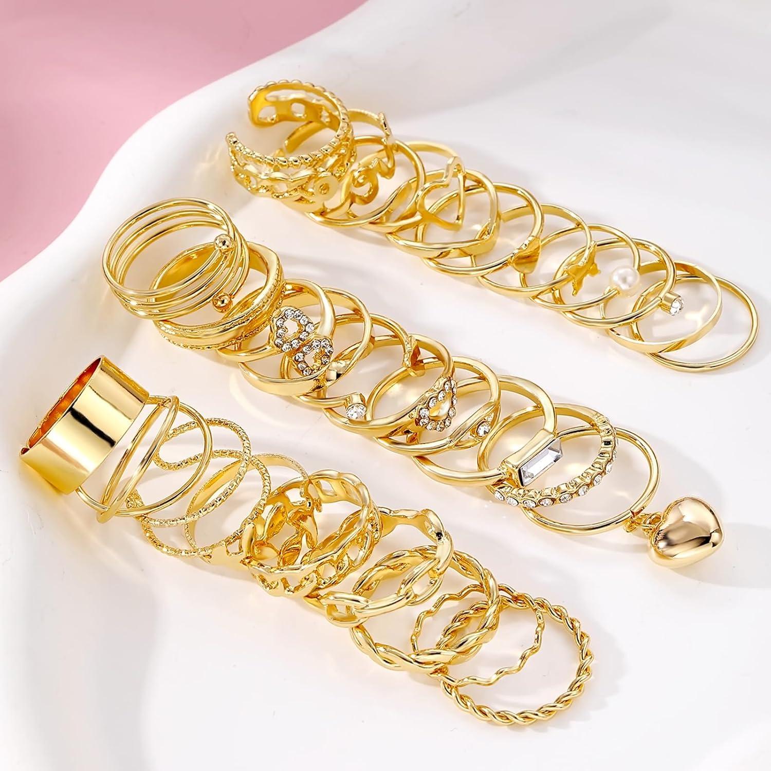 image17IF Gold Vintage Knuckle Ring Set for Women Boho Crystal Finger Aesthetic Pearl Sparkle Butterfly Chunky Stackable Midi Ring Pack30P BigHeart