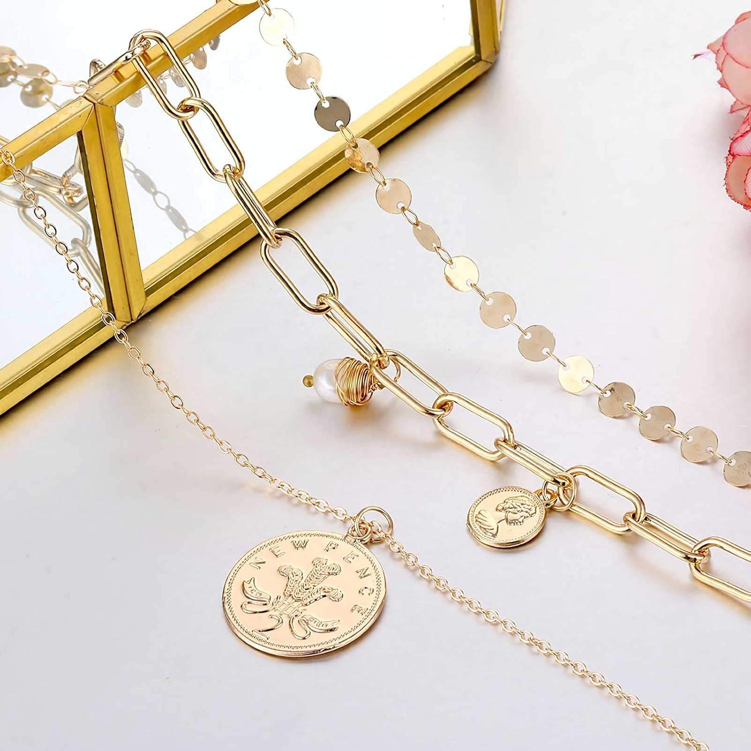 image17IF Layered Necklace Punk Chunky Gold Long Chain Pearl Necklace Angel Choker Pendant Necklace Butterfly Necklace for Women Man W3Mary