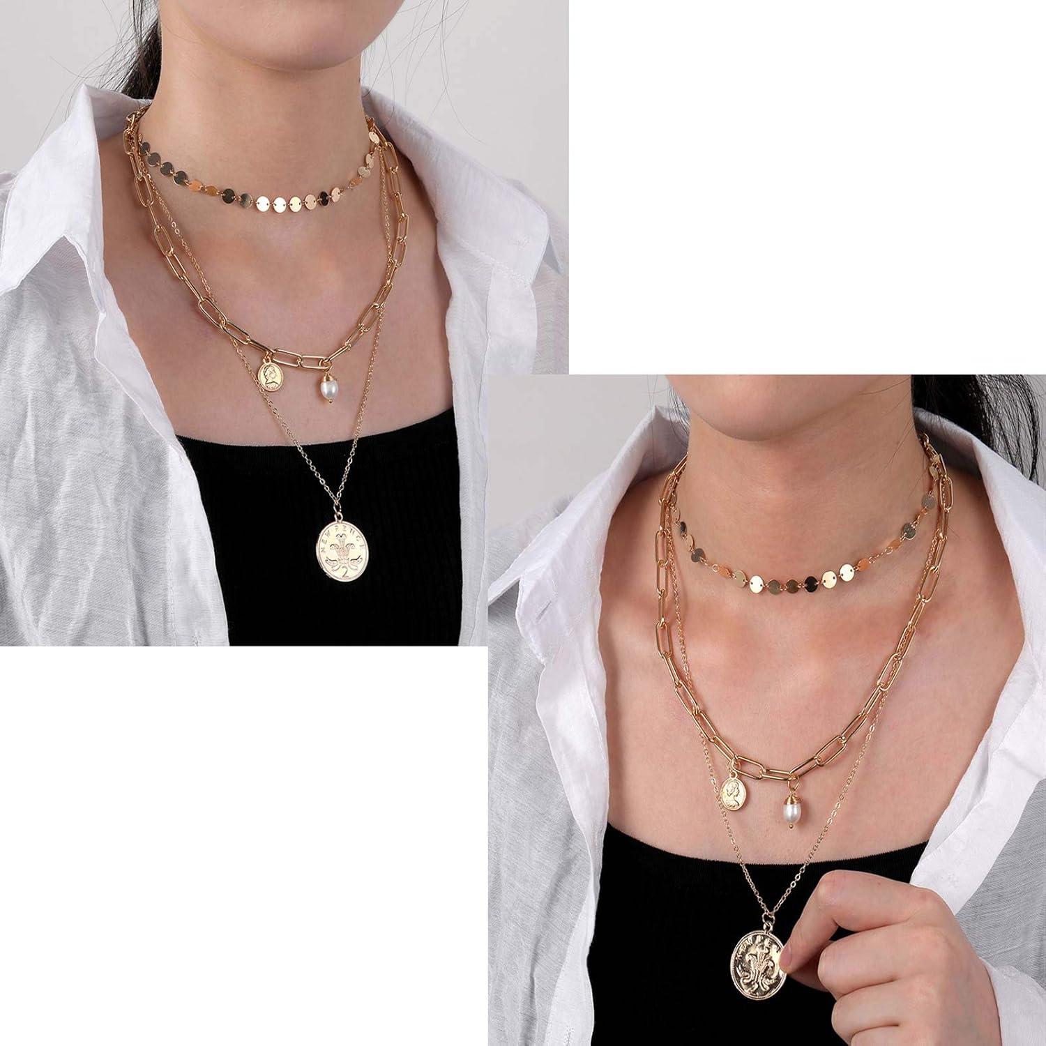 image17IF Layered Necklace Punk Chunky Gold Long Chain Pearl Necklace Angel Choker Pendant Necklace Butterfly Necklace for Women Man W3Mary