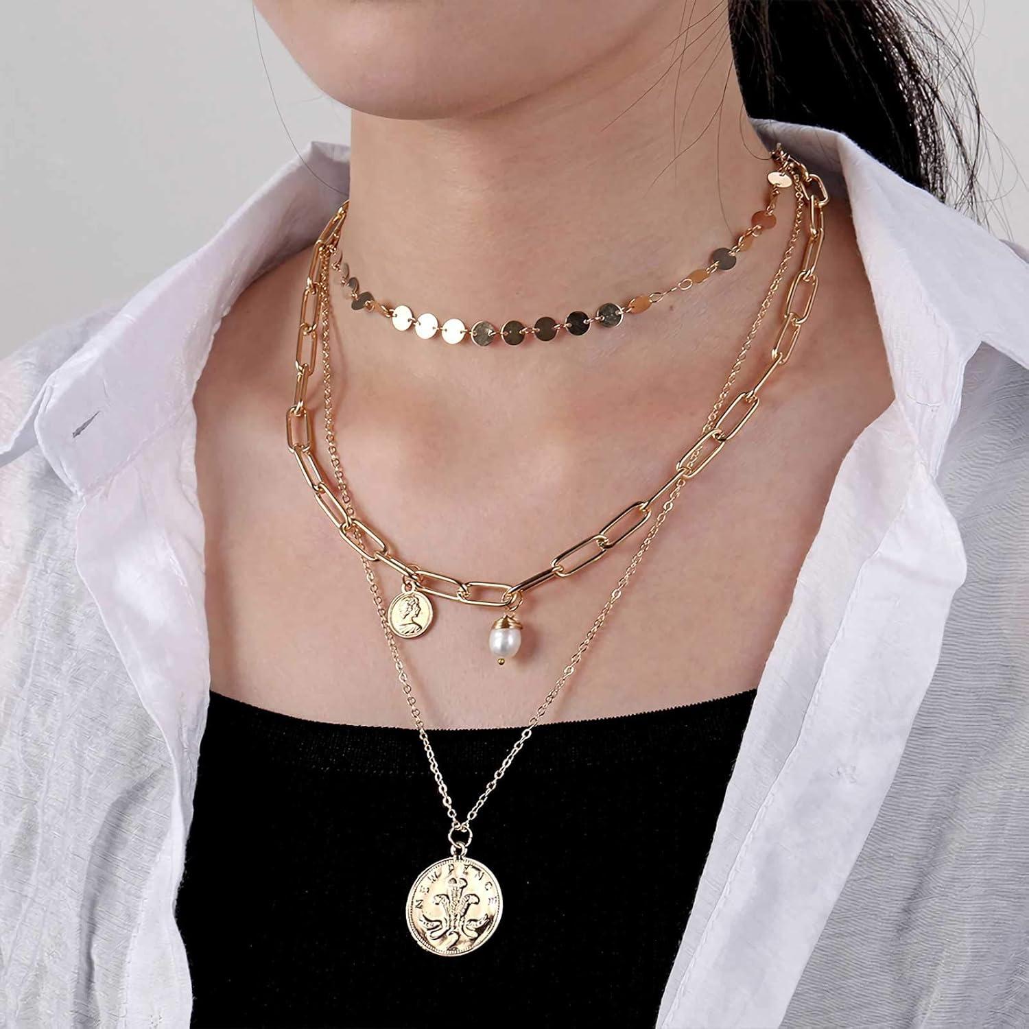 image17IF Layered Necklace Punk Chunky Gold Long Chain Pearl Necklace Angel Choker Pendant Necklace Butterfly Necklace for Women Man W3Mary