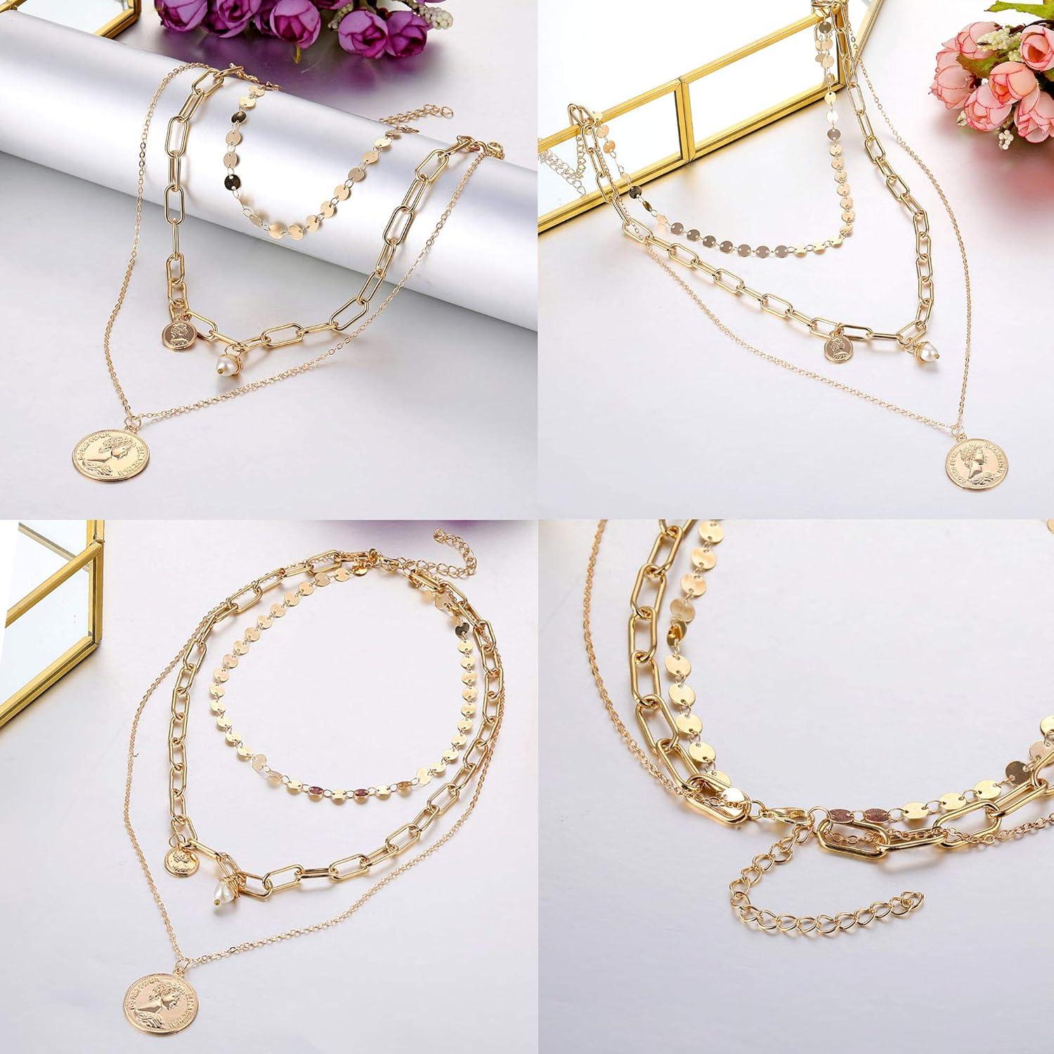 image17IF Layered Necklace Punk Chunky Gold Long Chain Pearl Necklace Angel Choker Pendant Necklace Butterfly Necklace for Women Man W3Mary