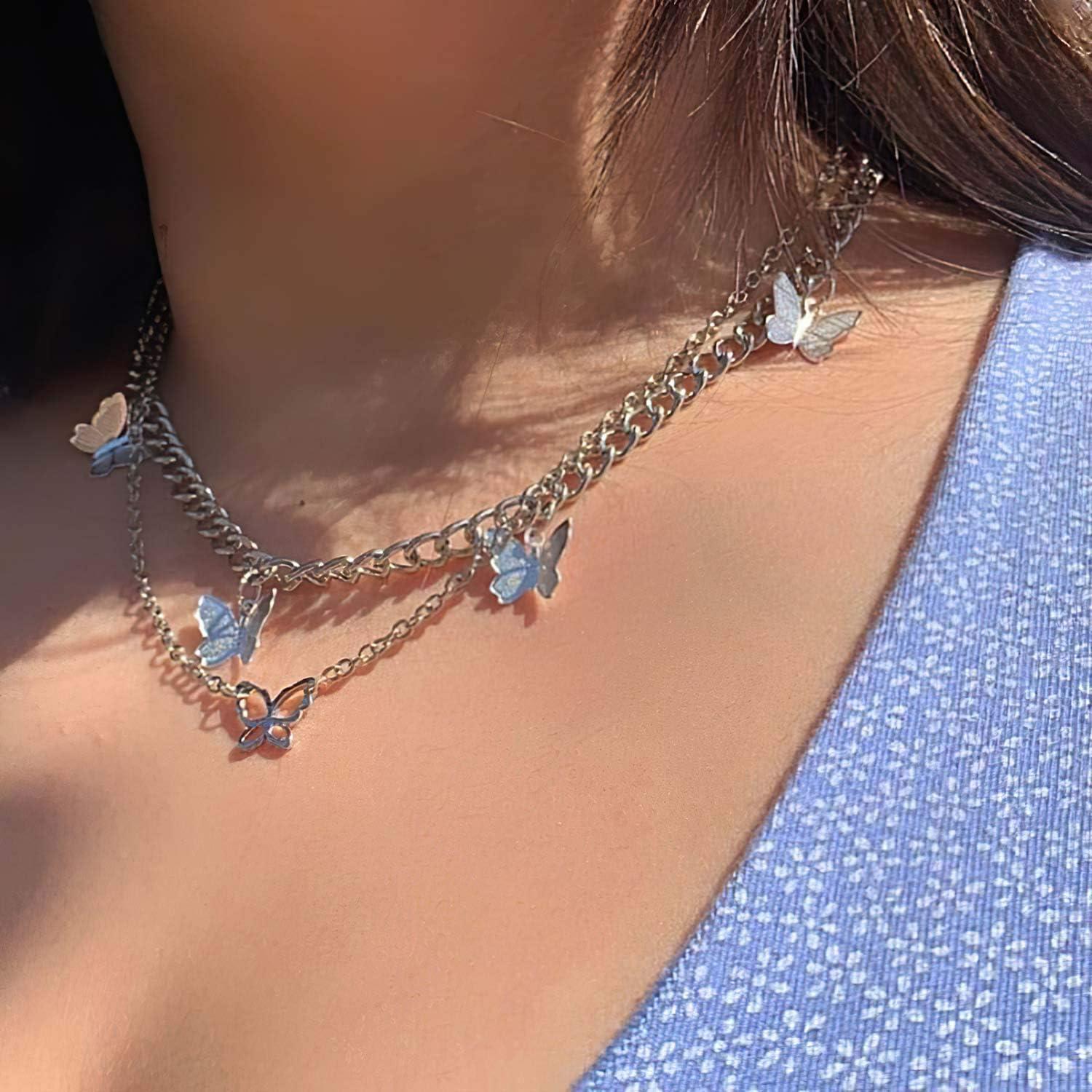 image17IF Multilayered Necklace Punk Chunky Gold Long Chain Lock Necklace Mary Cross Choker Pendant Butterfly Necklace Delicate Jewelry for Women Girls 326Butter