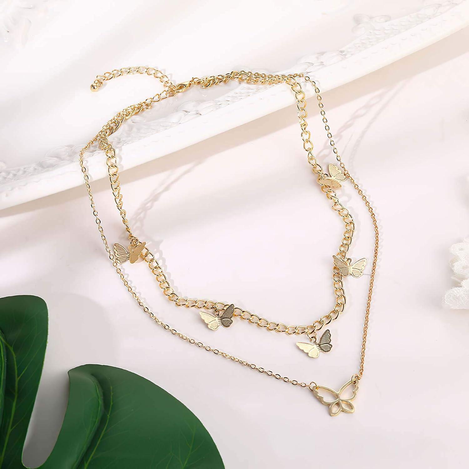 image17IF Multilayered Necklace Punk Chunky Gold Long Chain Lock Necklace Mary Cross Choker Pendant Butterfly Necklace Delicate Jewelry for Women Girls 326Butter