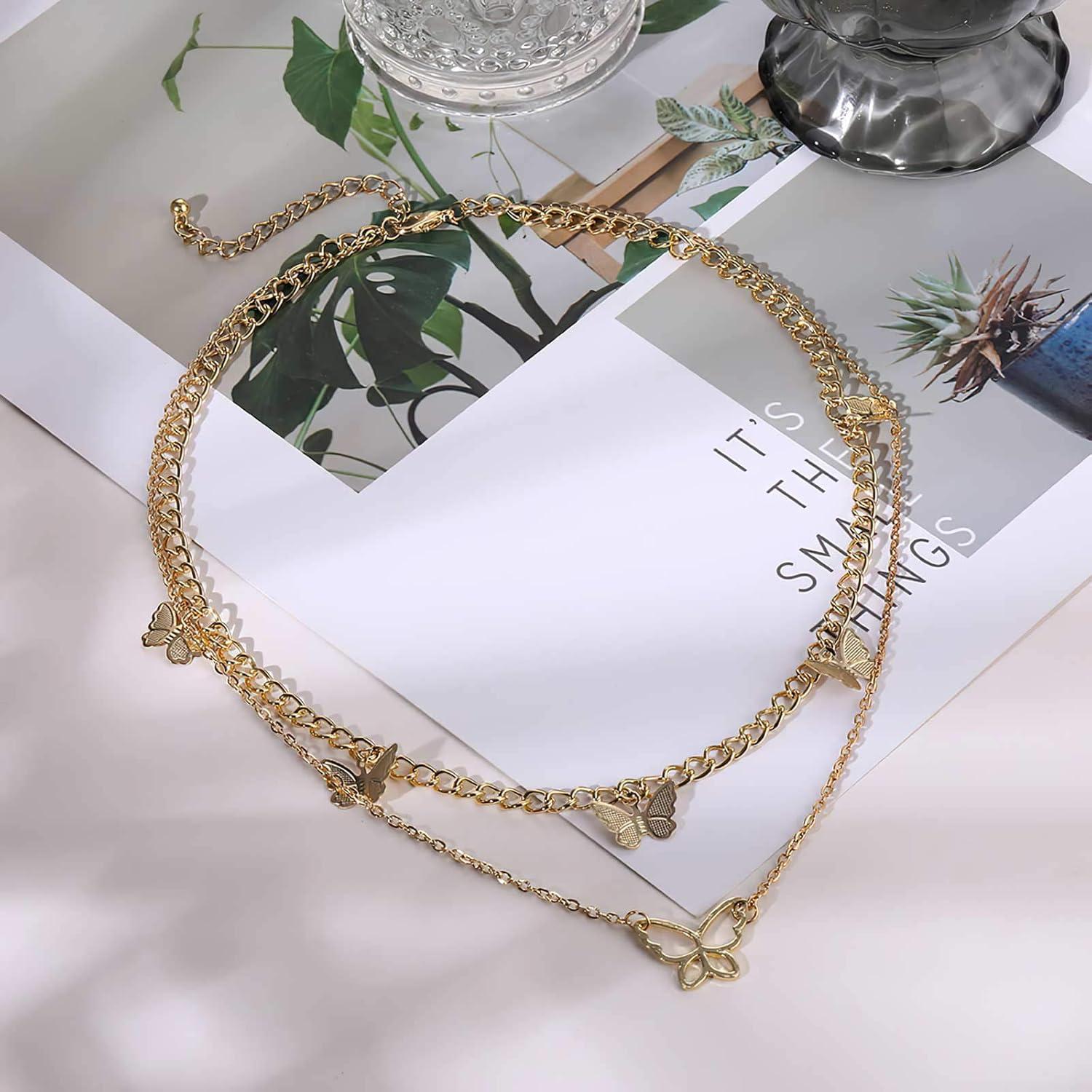 image17IF Multilayered Necklace Punk Chunky Gold Long Chain Lock Necklace Mary Cross Choker Pendant Butterfly Necklace Delicate Jewelry for Women Girls 326Butter