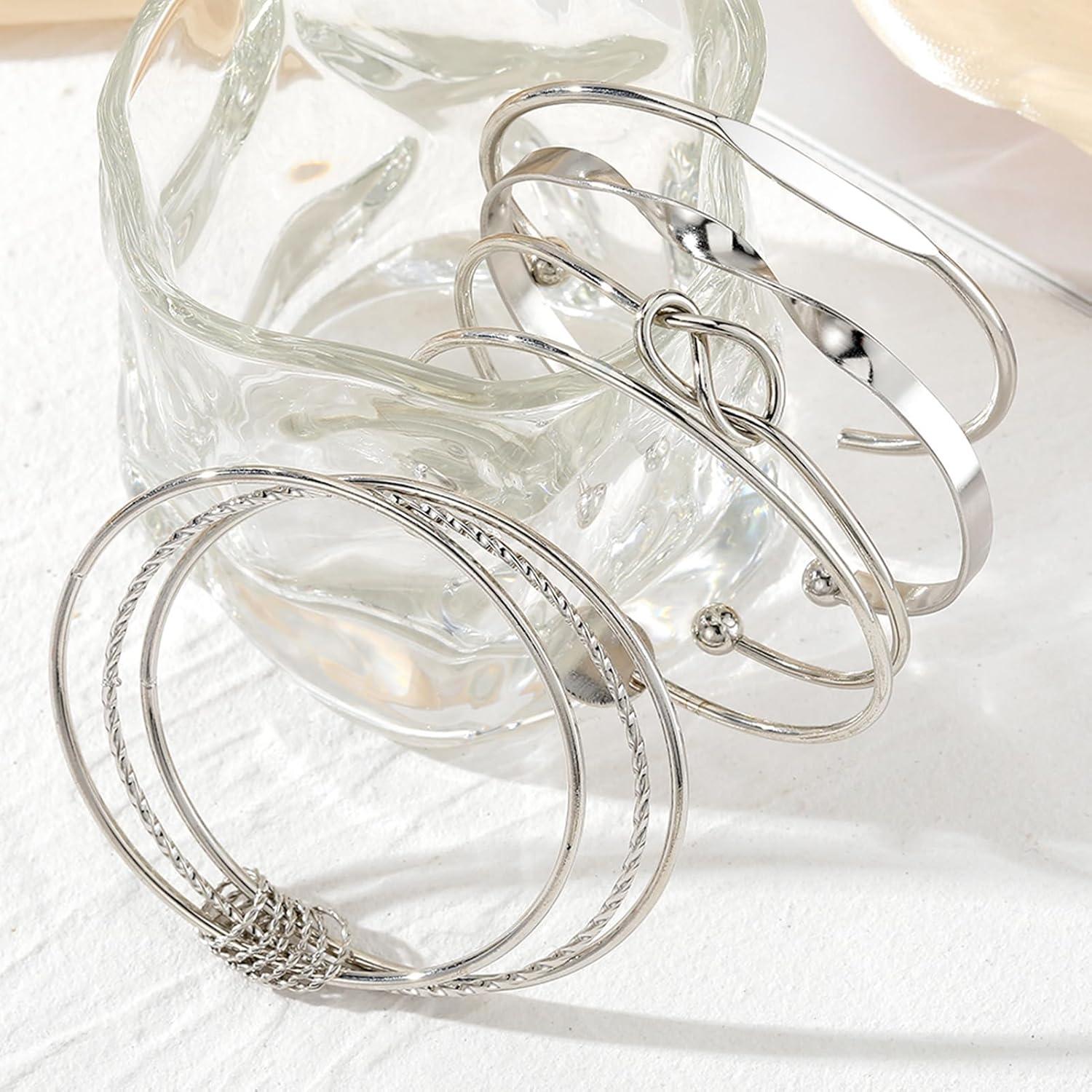 image17IF Silver Bangle Bracelet For Women 14k Plated Multi Layer Cuff Bracelets Set Trendy Boho Textured Indian Punk Chunky Cable Smooth Bangles Elegance Stack Minimalist Jewelry GiftTogether