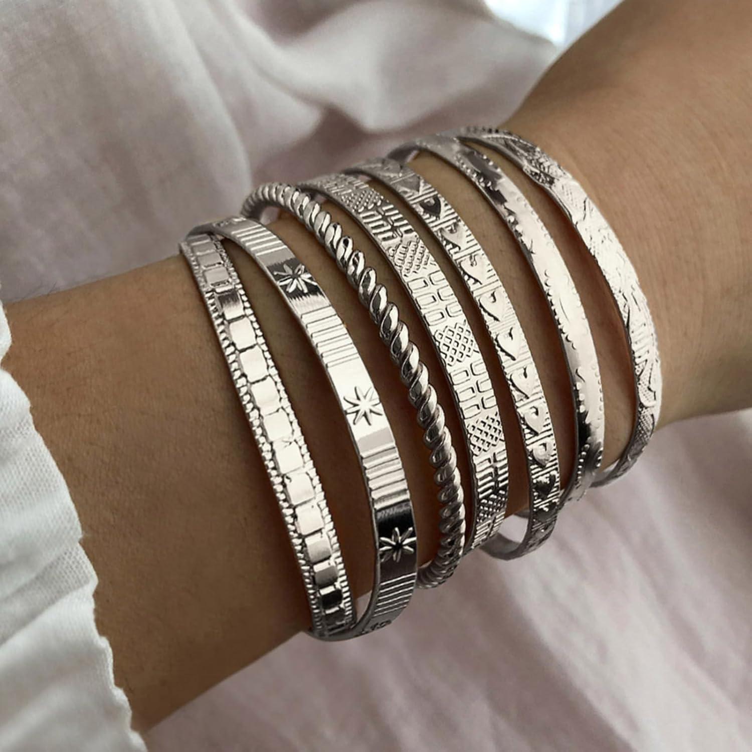 image17IF Silver Bangle Bracelet For Women 14k Plated Multi Layer Cuff Bracelets Set Trendy Boho Textured Indian Punk Chunky Cable Smooth Bangles Elegance Stack Minimalist Jewelry GiftBoho