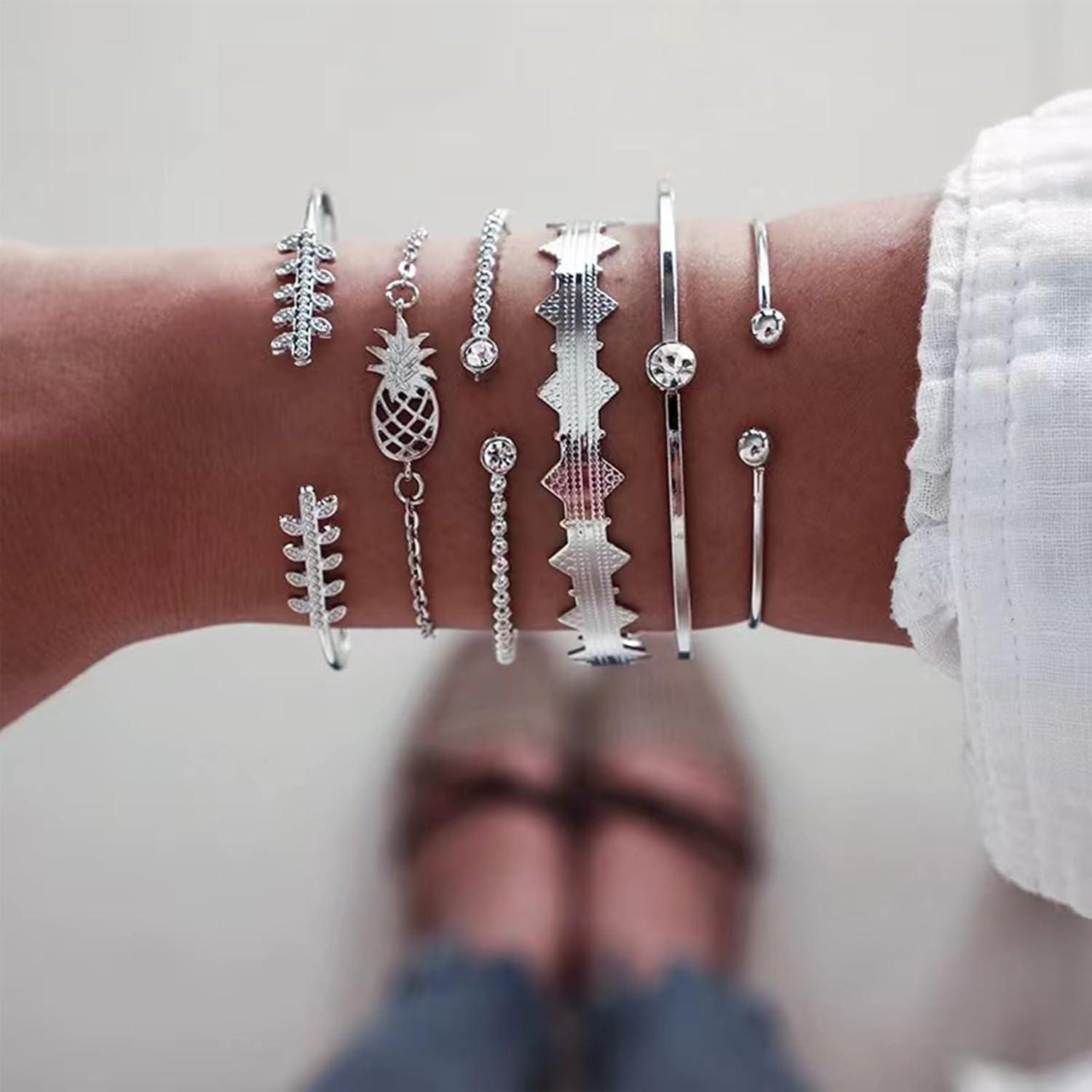 image17IF Silver Bangle Bracelet For Women 14k Plated Multi Layer Cuff Bracelets Set Trendy Boho Textured Indian Punk Chunky Cable Smooth Bangles Elegance Stack Minimalist Jewelry GiftPineapple