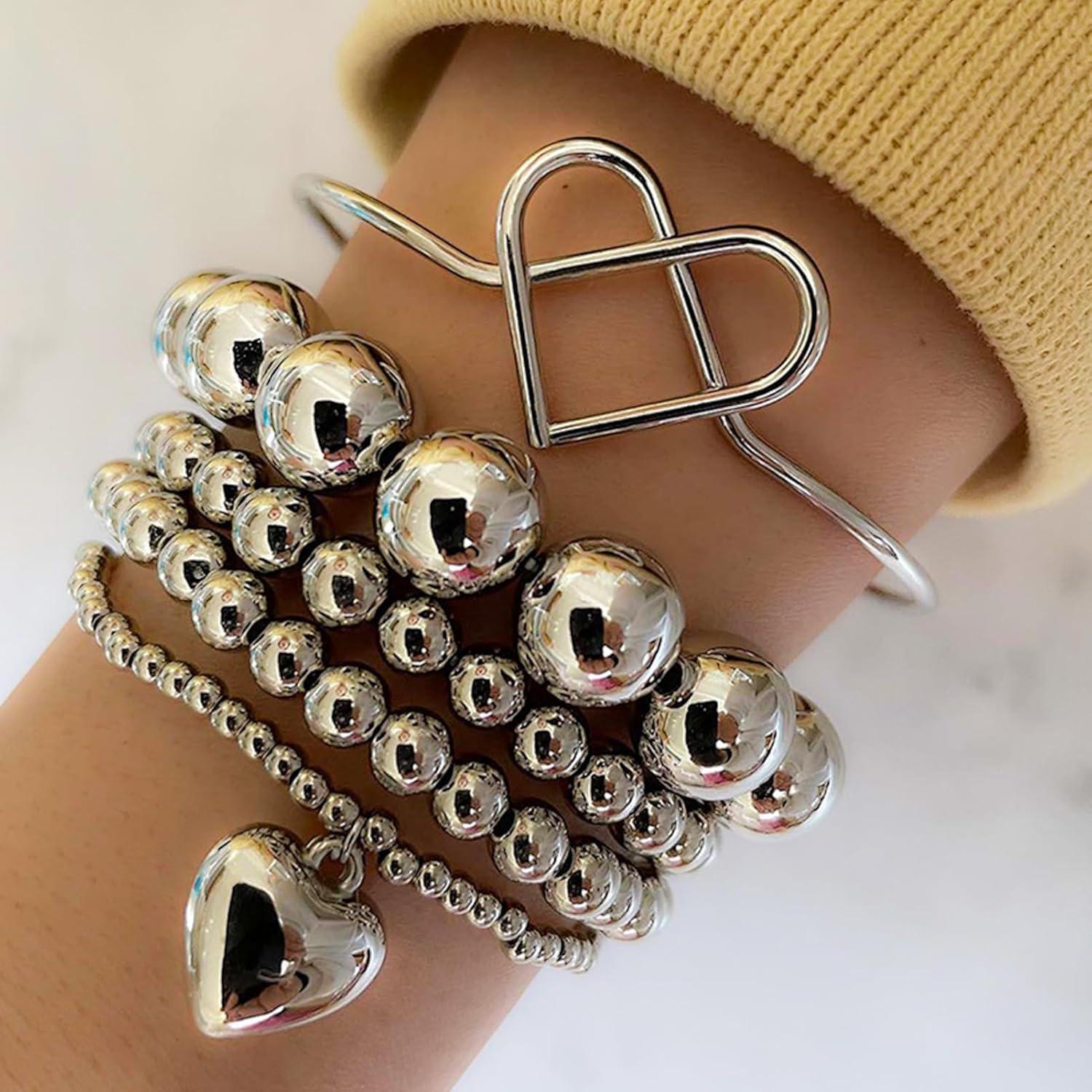 image17IF Silver Bangle Bracelet For Women 14k Plated Multi Layer Cuff Bracelets Set Trendy Boho Textured Indian Punk Chunky Cable Smooth Bangles Elegance Stack Minimalist Jewelry GiftBall
