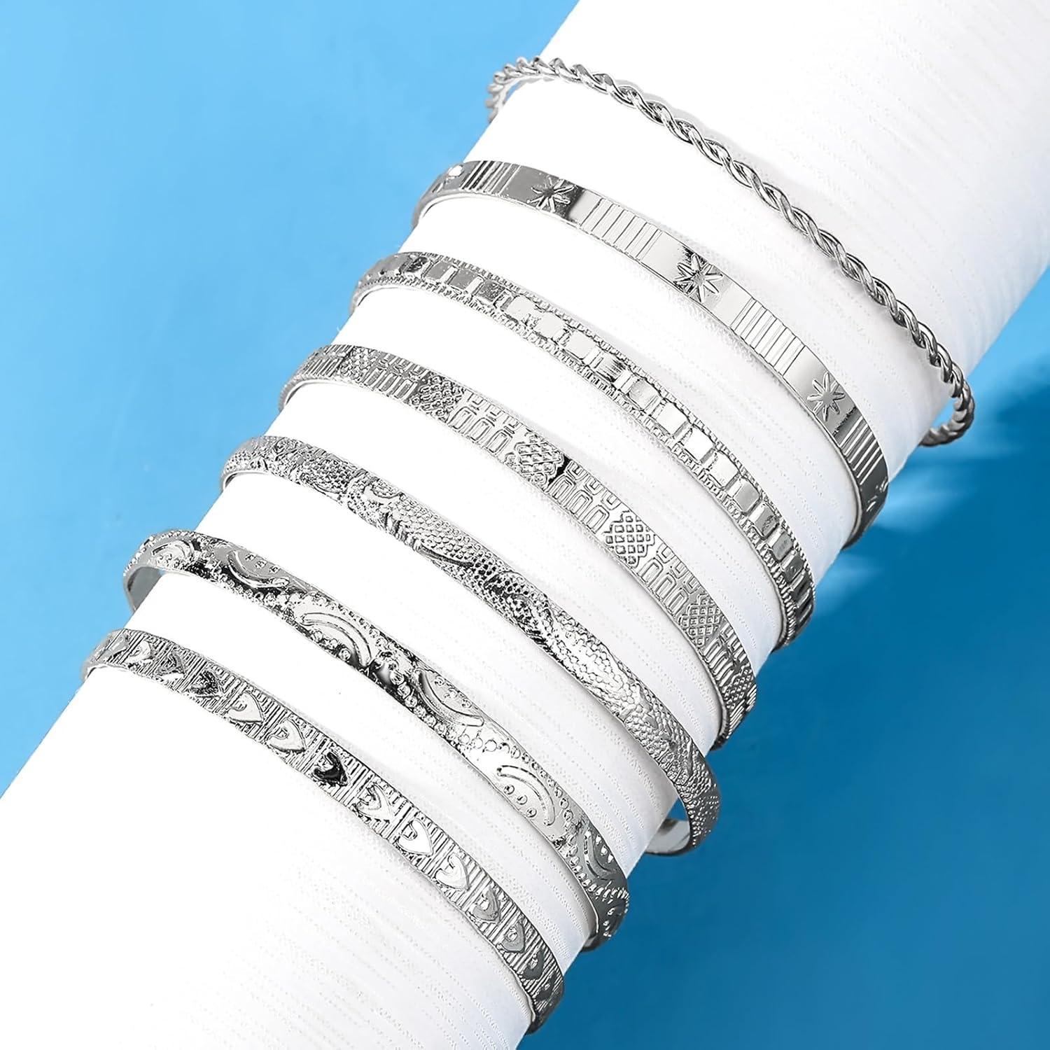 image17IF Silver Bangle Bracelet For Women 14k Plated Multi Layer Cuff Bracelets Set Trendy Boho Textured Indian Punk Chunky Cable Smooth Bangles Elegance Stack Minimalist Jewelry GiftBoho