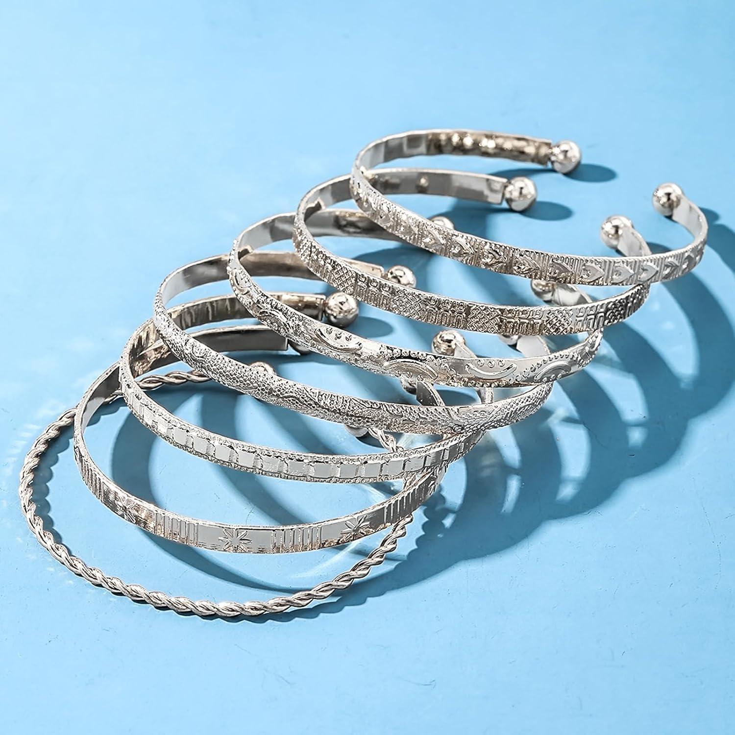image17IF Silver Bangle Bracelet For Women 14k Plated Multi Layer Cuff Bracelets Set Trendy Boho Textured Indian Punk Chunky Cable Smooth Bangles Elegance Stack Minimalist Jewelry GiftBoho