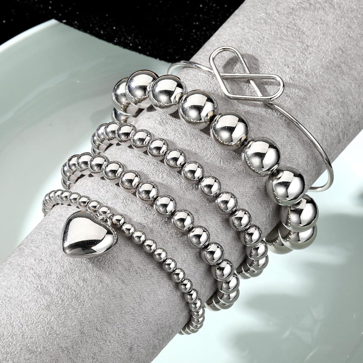 image17IF Silver Bangle Bracelet For Women 14k Plated Multi Layer Cuff Bracelets Set Trendy Boho Textured Indian Punk Chunky Cable Smooth Bangles Elegance Stack Minimalist Jewelry GiftBall